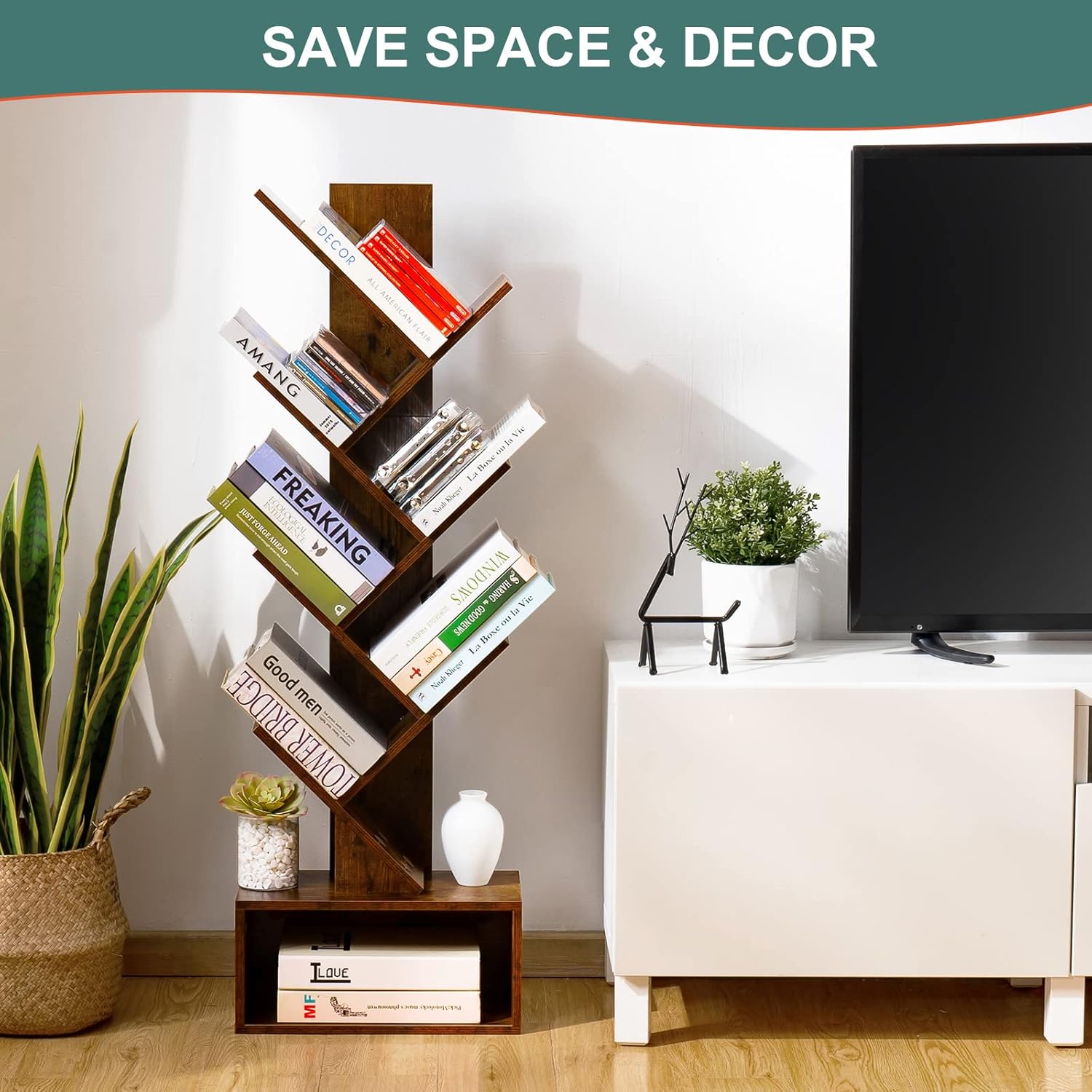 Yoobure Tree Bookshelf - 6 Shelf Retro Floor Standing Bookcase, Tall Wood Book Storage Rack for CDs/Movies/Books, Utility Book Organizer Shelves for Bedroom, Living Room, Home Office, Rustic Brown