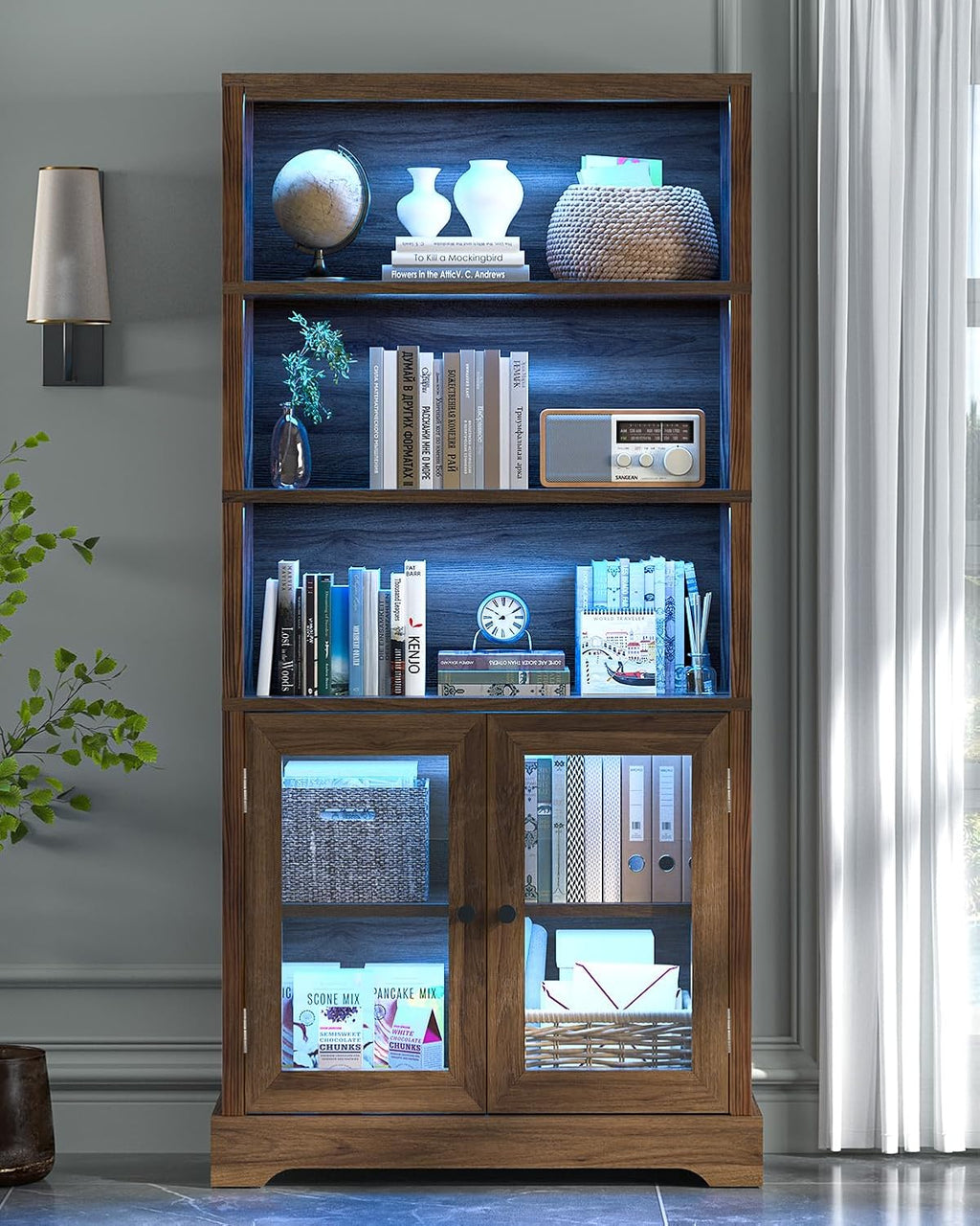 TVU 5-Tier Bookshelf, 65" Bookshelf with Multi-Color Ambient Lights (APP Remote Control), Tall Display Shelf with Cabinet Doors, Suitable for Living Room, Bedroom, Study, Office, Rustic Brown