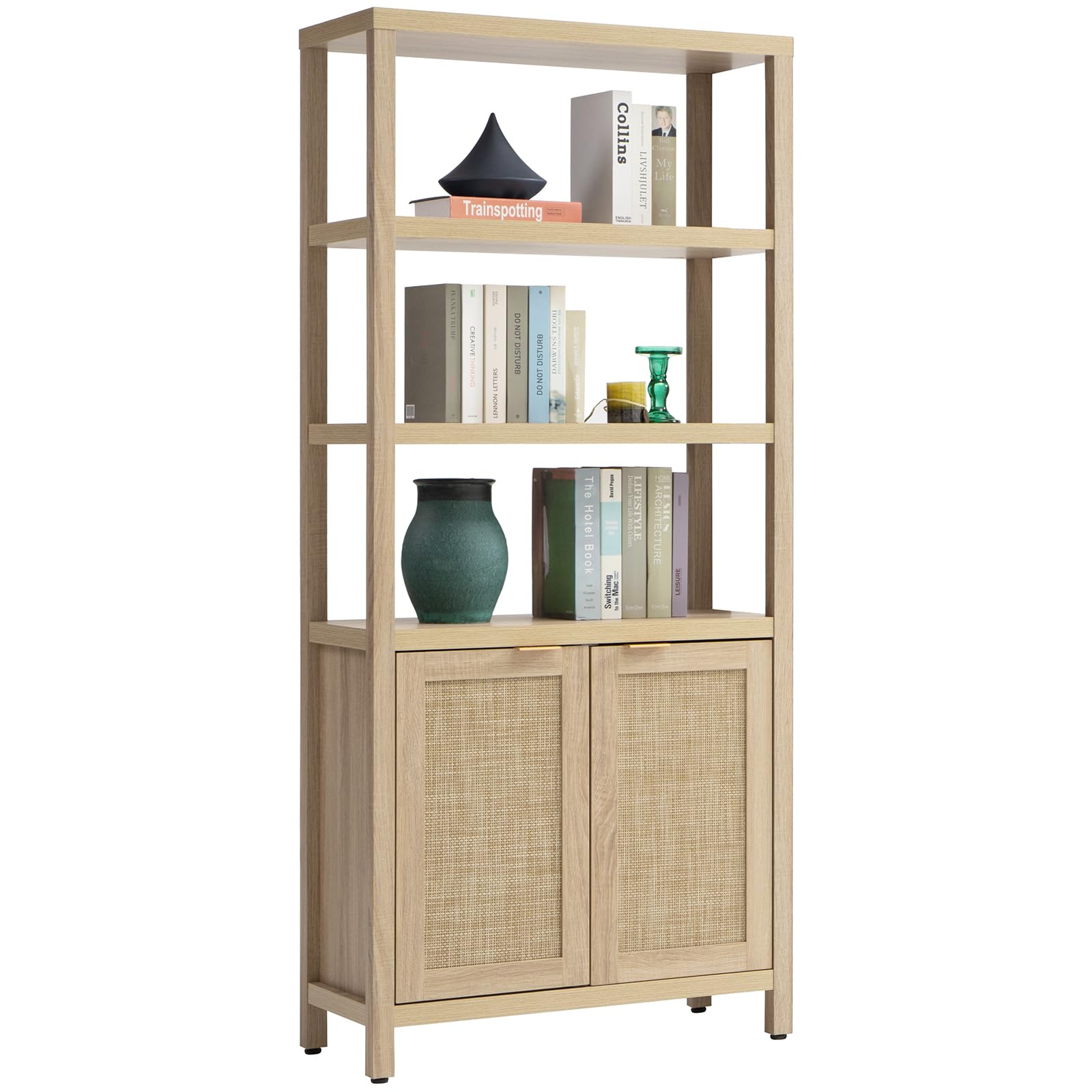 SICOTAS Bookshelf 5 Tier Book Shelf Rattan Boho 71" Tall Bookcase with Doors Storage Shelves Large Bookshelves Farmhouse Bookcases Library Book Case for Living Room Bedroom Home Office Kitchen | Book Shelf