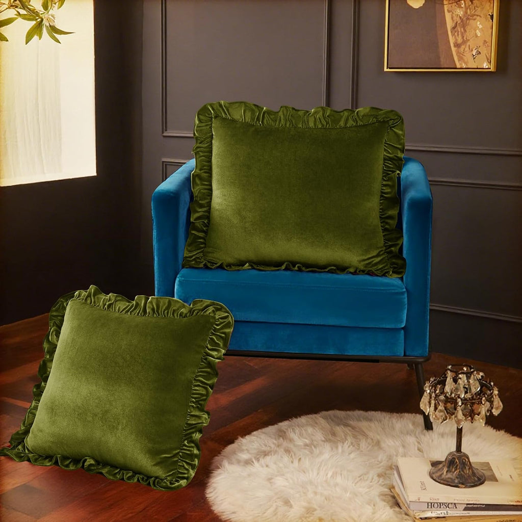 Velvet Throw Pillow Covers Set of 2, Soft Decorative Ruffle Cushion Cases for Couch Sofa Bedroom, 18 x 18 Inches, Olive Green