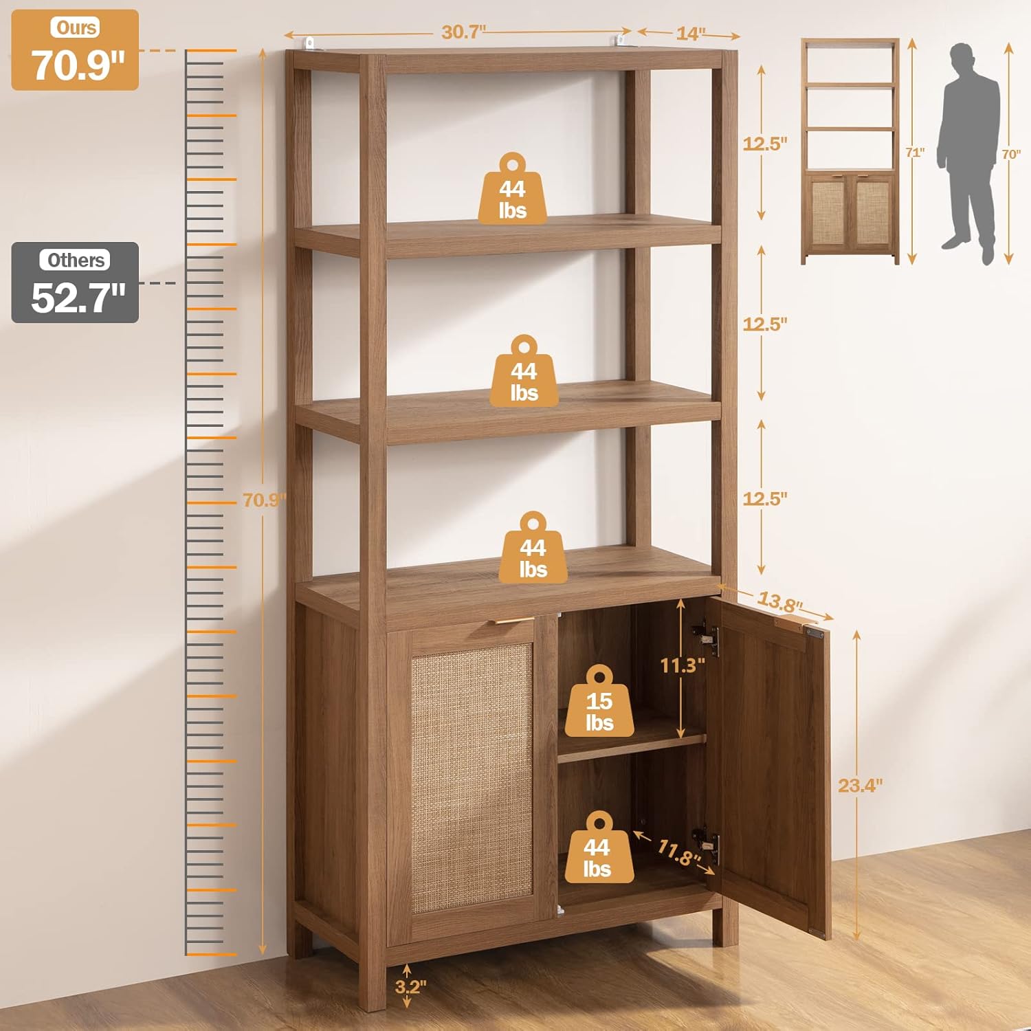 SICOTAS Bookshelf 5 Tier Book Shelf Rattan Boho 71" Tall Bookcase with Doors Storage Shelves Large Bookshelves Farmhouse Bookcases Library Book Case for Living Room Bedroom Home Office Kitchen | Book Shelf