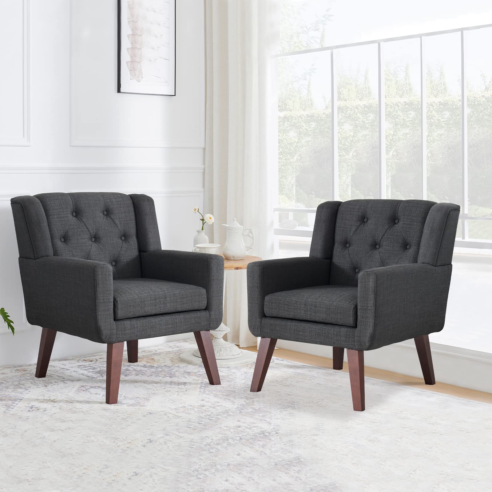Living&Giving Accent Chair Button-Tufted Upholstered Living Room Chairs Comfy Reading Mid Century Modern with Linen Fabric Lounge Arm for Bedroom (Beige) 29.33D x 28.94W x 34.65H Inch