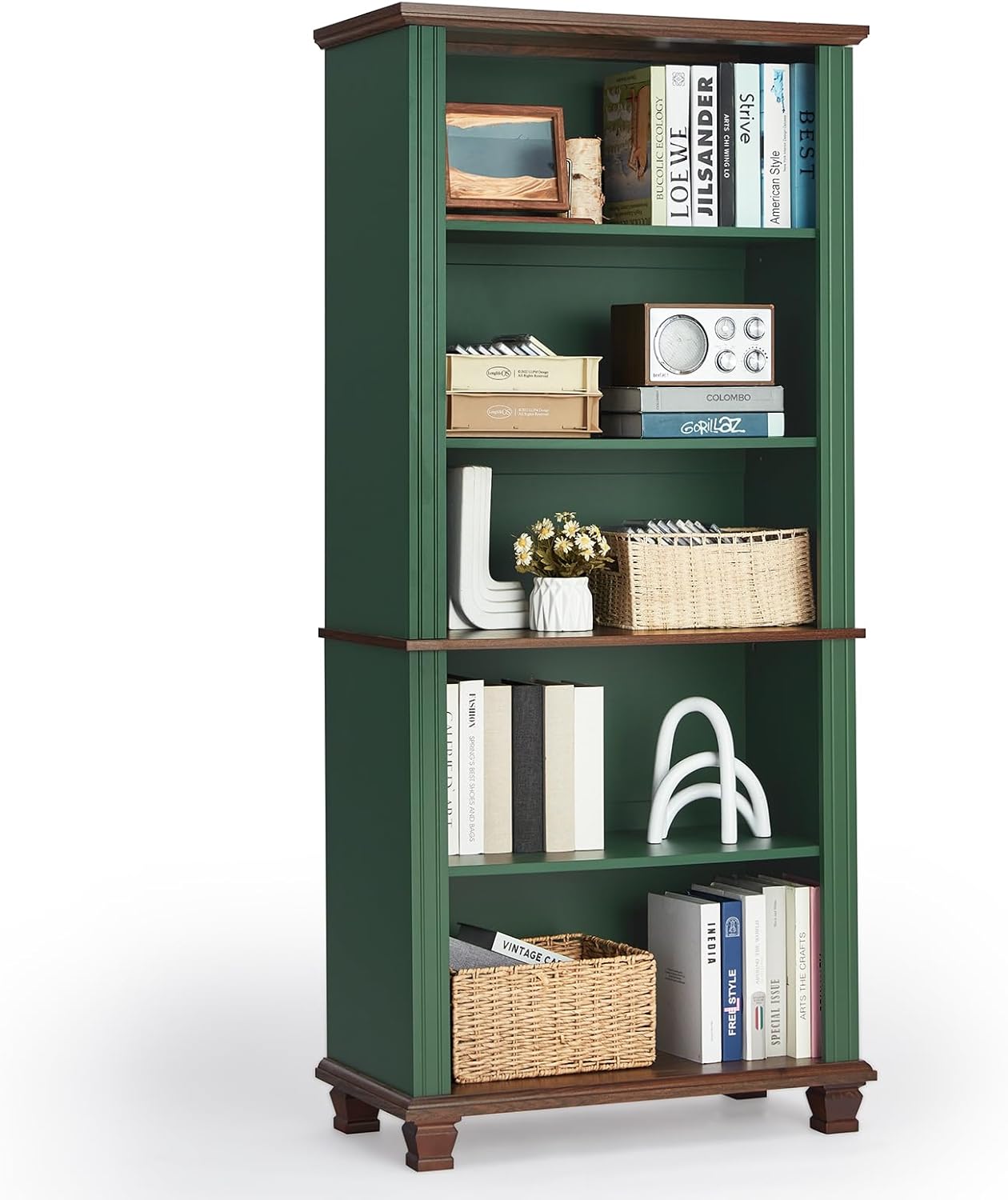 SAVOR LIFE 70" Tall Green Bookshelf,5 Tier Wooden Book Shelf with Adjustable Shelves & Wood Legs,Free Standing Farmhouse Bookcase with Open Display Storage,Vintage Bookshelves for Library,Classroom