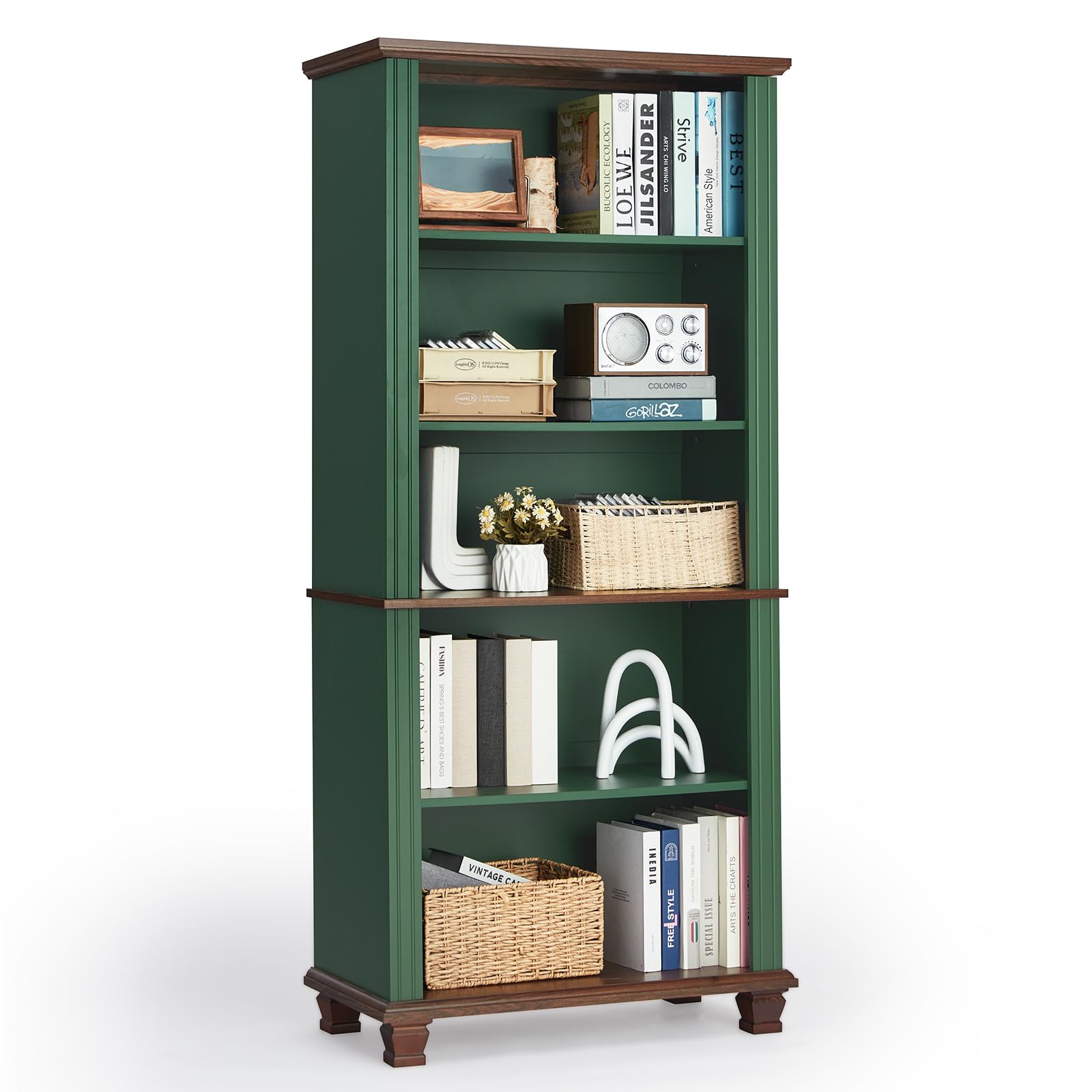 SAVOR LIFE 70" Tall Green Bookshelf,5 Tier Wooden Book Shelf with Adjustable Shelves & Wood Legs,Free Standing Farmhouse Bookcase with Open Display Storage,Vintage Bookshelves for Library,Classroom