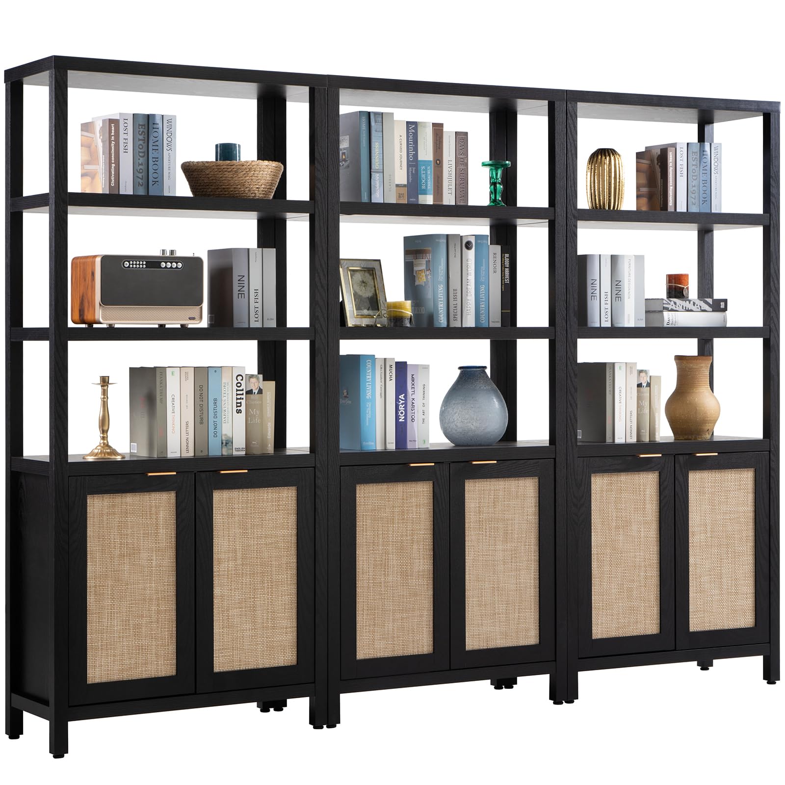 SICOTAS Bookshelf 5 Tier Book Shelf Rattan Boho 71" Tall Bookcase with Doors Storage Shelves Large Bookshelves Farmhouse Bookcases Library Book Case for Living Room Bedroom Home Office Kitchen | Book Shelf