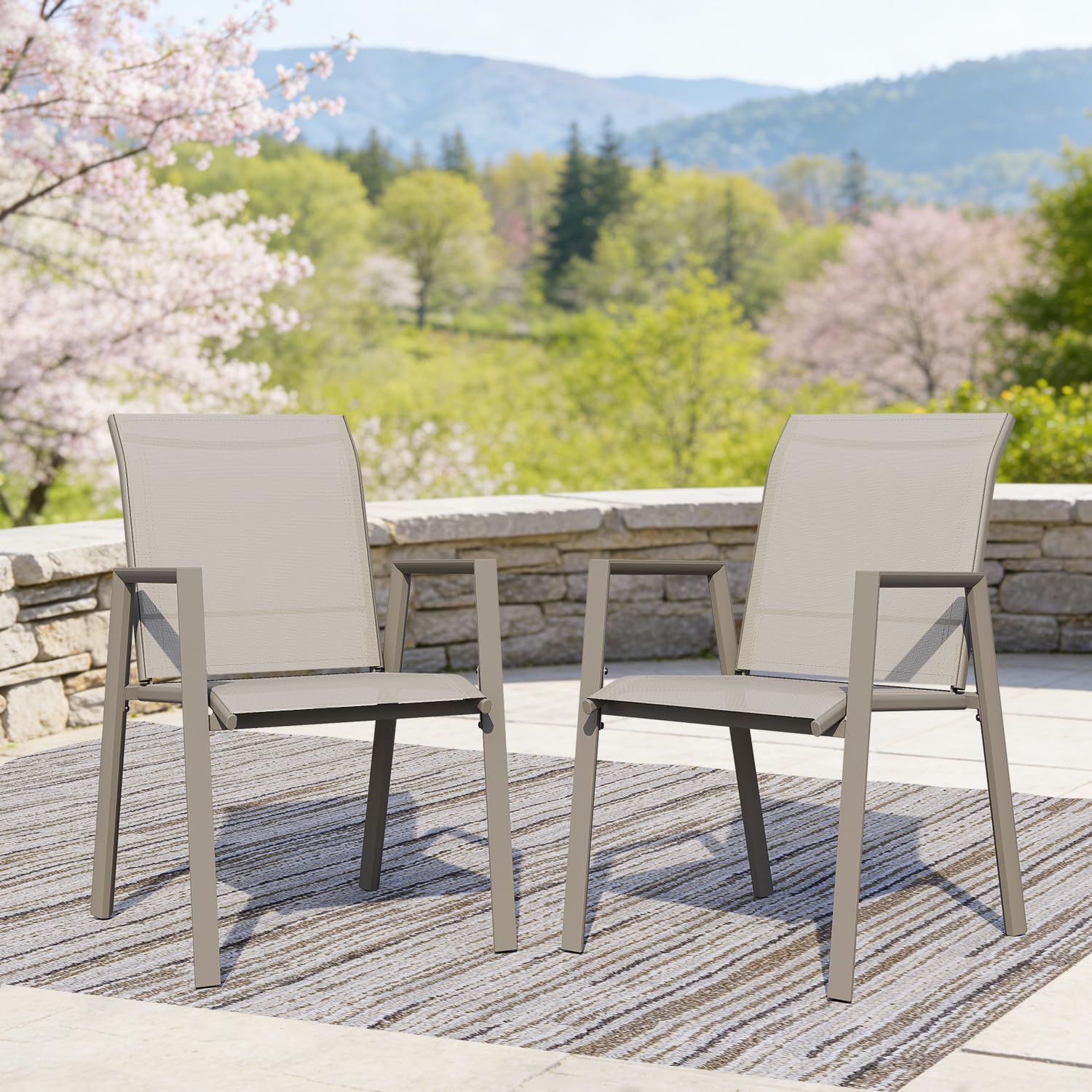 Outdoor Dining Chairs Set of 4, High-Back Stackable Patio Chairs with Metal Frame, Lightweight Sling Design, Ideal for Garden, Deck, Poolside, Grey