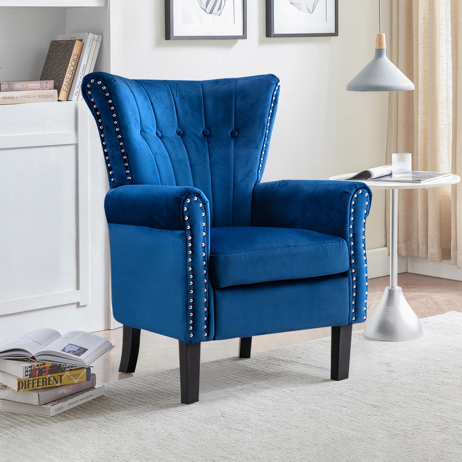 Velvet Accent Chair Upholstered Tufted Armchair,Modern Wingback Chair Single Sofa Club Chair with Solid Wood Legs,Nail Trimed,Comfy Reading Chair for Living Room,Bedroom,Office (White)