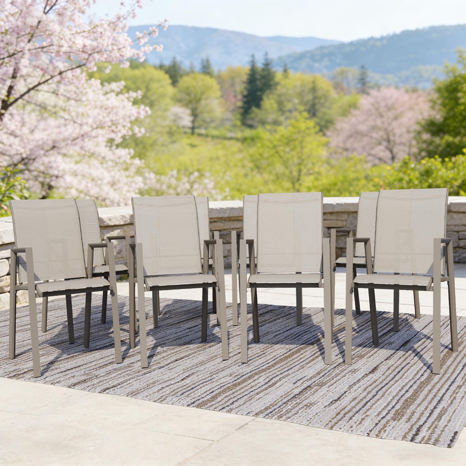 Outdoor Dining Chairs Set of 4, High-Back Stackable Patio Chairs with Metal Frame, Lightweight Sling Design, Ideal for Garden, Deck, Poolside, Grey