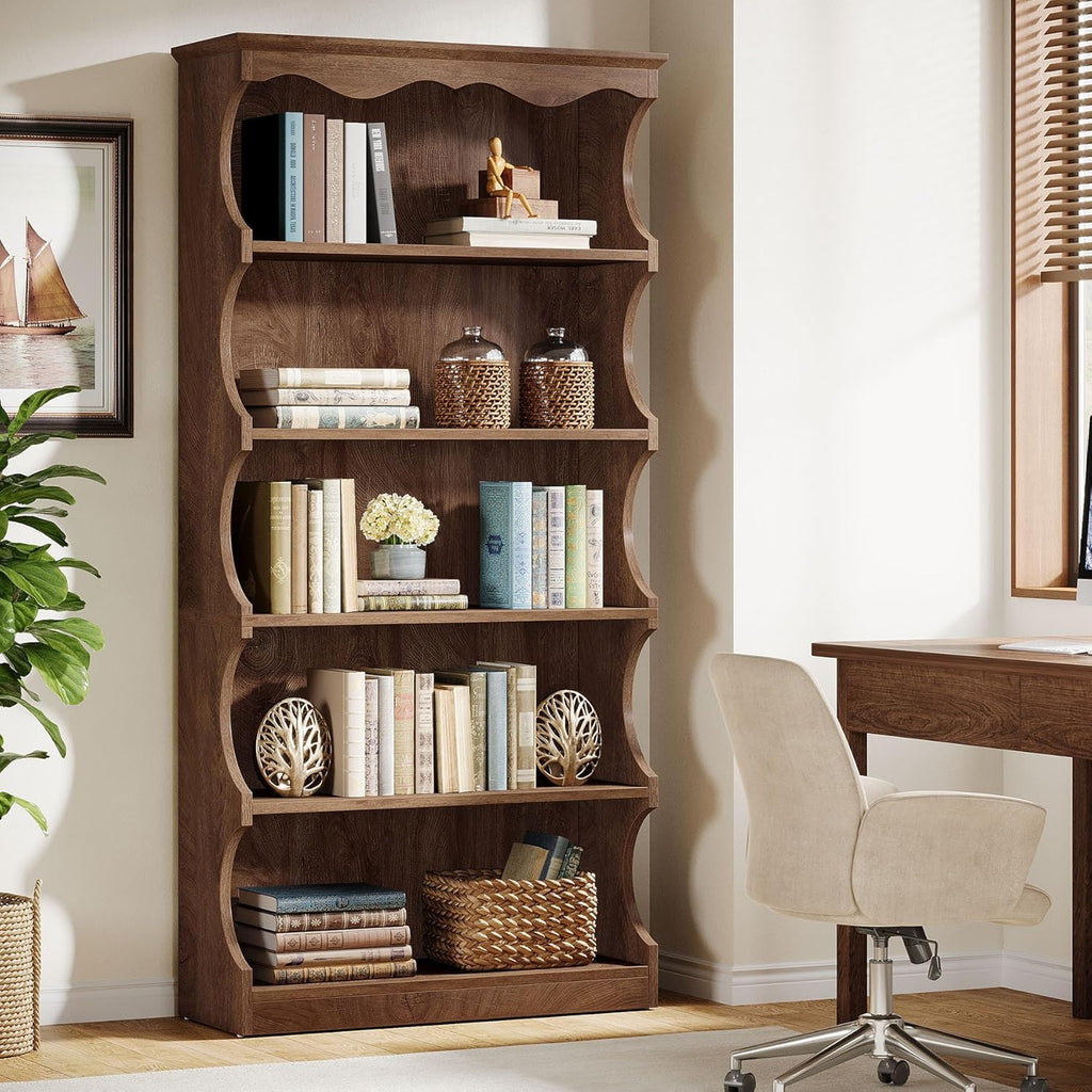 Tribesigns 70-Inch Tall Bookcase, 5-Tier Open Bookshelf with Unique Curved-Edge Design, Wooden Vintage Free-Standing Display Shelves with Storage for Living Room, Home Office, Bedroom