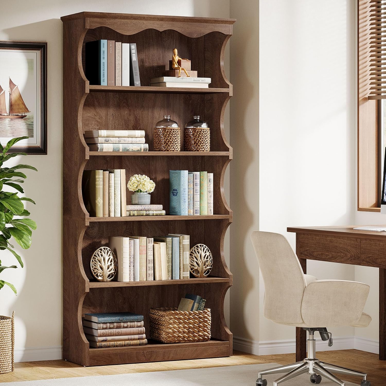 Tribesigns 70-Inch Tall Bookcase, 5-Tier Open Bookshelf with Unique Curved-Edge Design, Wooden Vintage Free-Standing Display Shelves with Storage for Living Room, Home Office, Bedroom