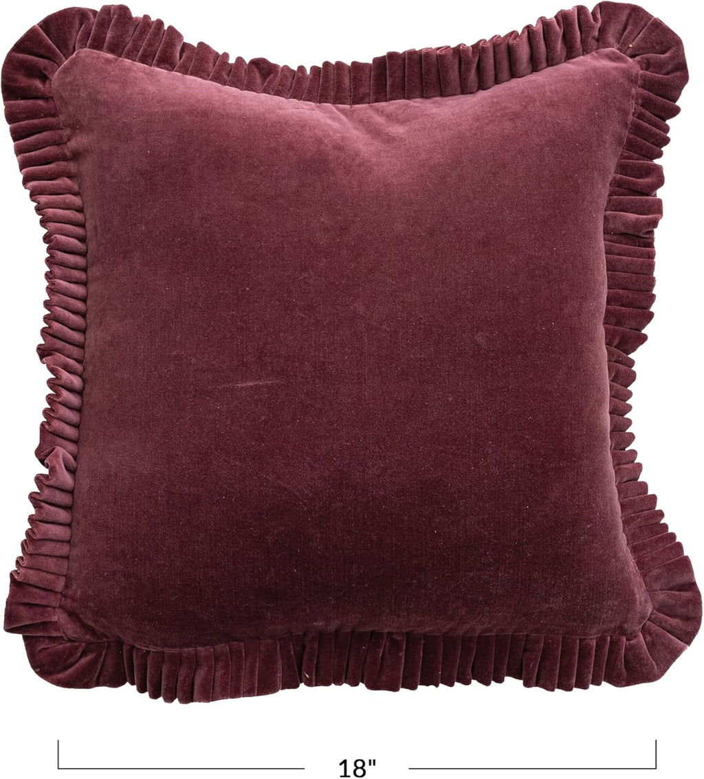 Creative Co-Op Square Cotton Velvet Pillow with Ruffle, Wine Color