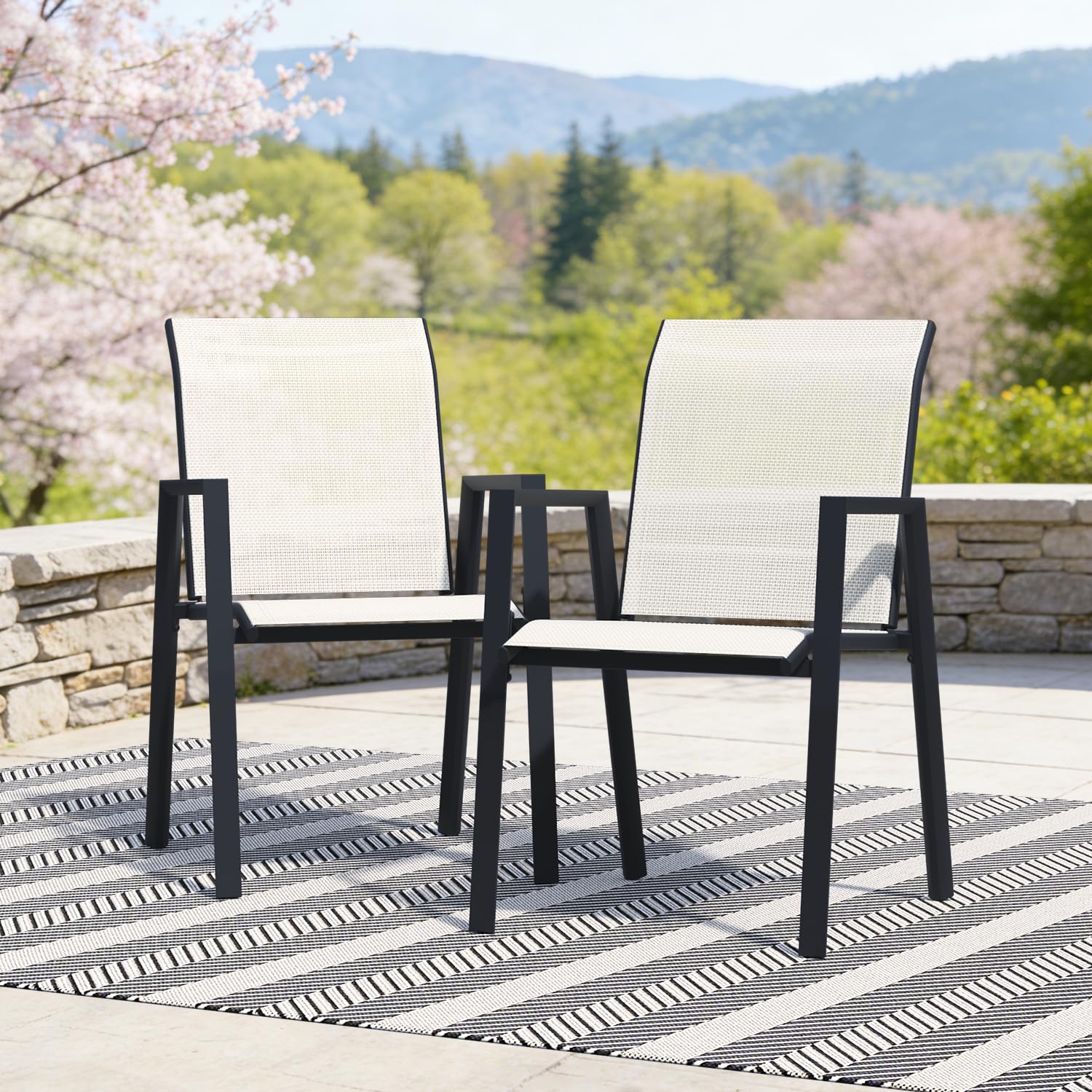 Outdoor Dining Chairs Set of 4, High-Back Stackable Patio Chairs with Metal Frame, Lightweight Sling Design, Ideal for Garden, Deck, Poolside, Grey