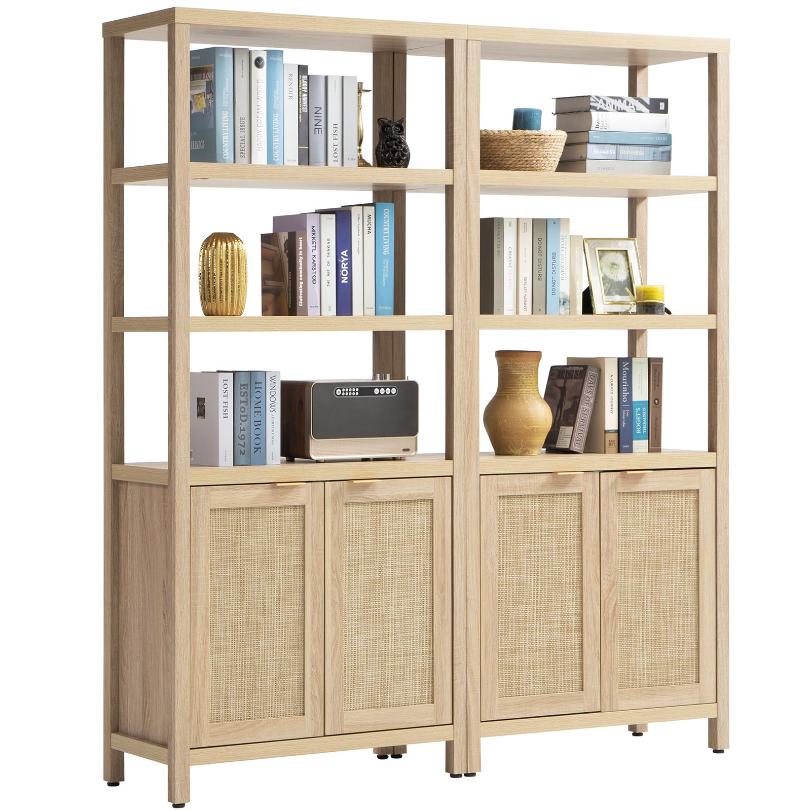 SICOTAS Bookshelf 5 Tier Book Shelf Rattan Boho 71" Tall Bookcase with Doors Storage Shelves Large Bookshelves Farmhouse Bookcases Library Book Case for Living Room Bedroom Home Office Kitchen | Book Shelf