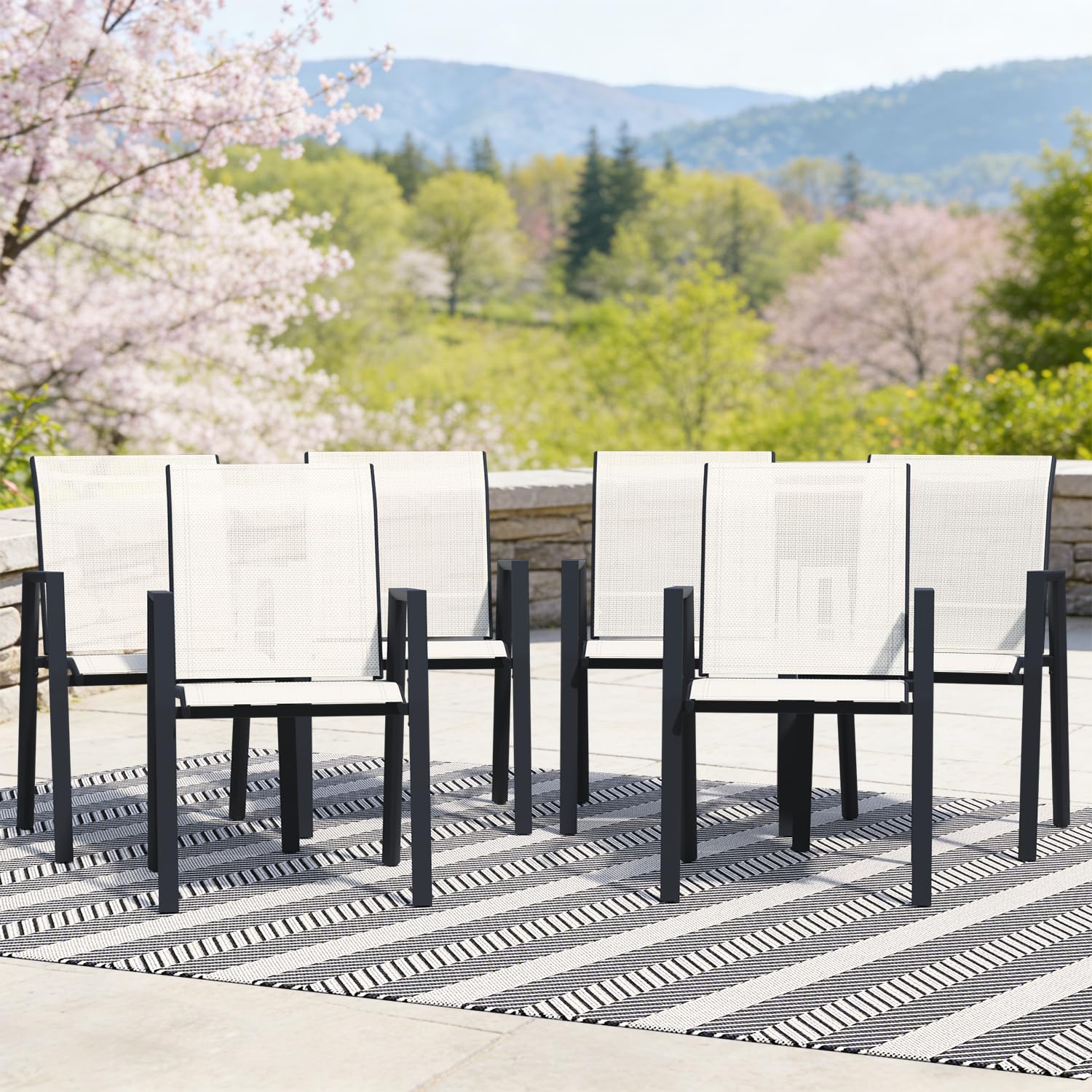 Outdoor Dining Chairs Set of 4, High-Back Stackable Patio Chairs with Metal Frame, Lightweight Sling Design, Ideal for Garden, Deck, Poolside, Grey