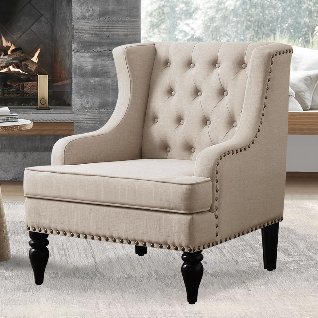 Rosevera Amelia 29" Modern Upholstered Accent Chair Armchair with Wingback Accent Leisure Chair, Fabric Reading Living Room Single Sofa for Living Room Bedroom Balcony Studio,Beige
