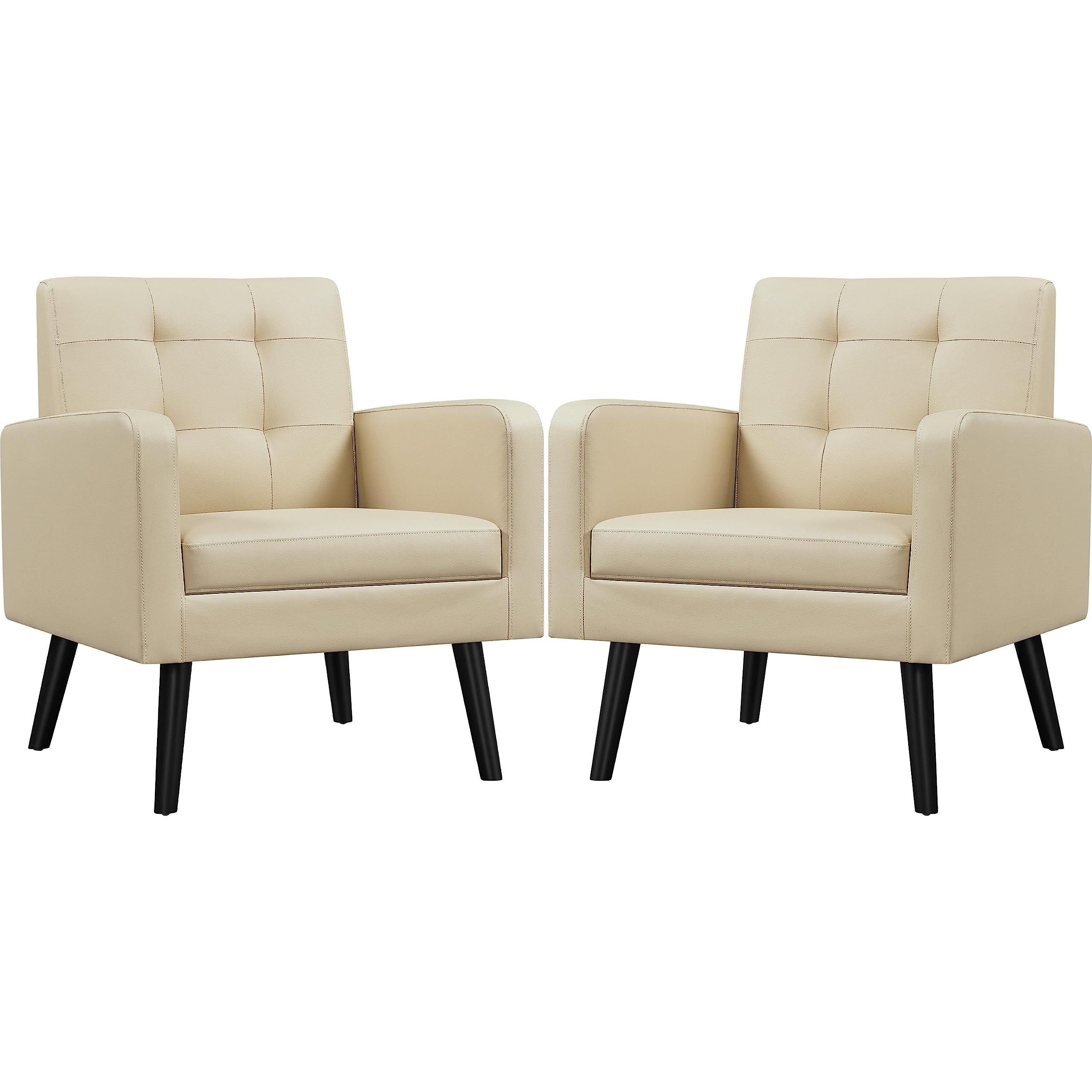 Yaheetech Mid-Century Accent Chairs, Modern Upholstered Living Room Chair, Cozy Armchair Button Tufted Back and Wood Legs for Bedroom/Office/Cafe, Yellow