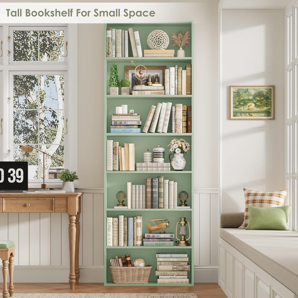 FACBOTALL 82" Tall Bookshelf, 7-Tier Open Shelves Bookcase, Freestanding Display Storage Shelves, Tall Bookcase Home Decor Furniture for Home Office, Living Room, Bedroom, Green