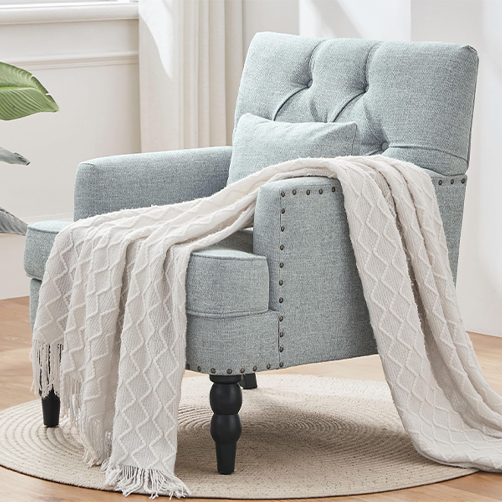 Mid-Century Linen Studded Armchair with Pillow, Beige
