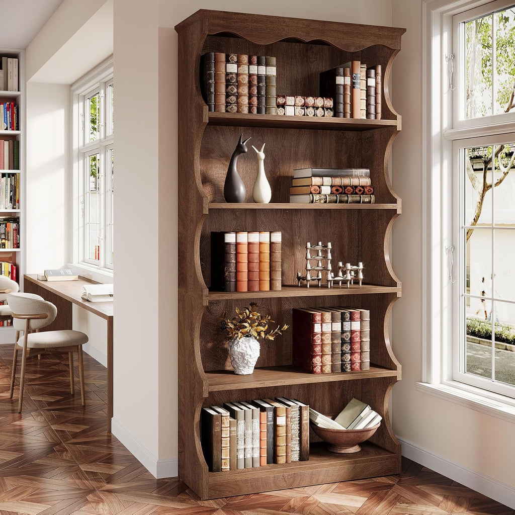 Tribesigns 70-Inch Tall Bookcase, 5-Tier Open Bookshelf with Unique Curved-Edge Design, Wooden Vintage Free-Standing Display Shelves with Storage for Living Room, Home Office, Bedroom