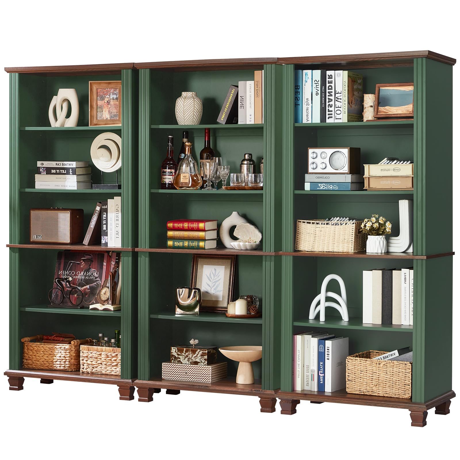 SAVOR LIFE 70" Tall Green Bookshelf,5 Tier Wooden Book Shelf with Adjustable Shelves & Wood Legs,Free Standing Farmhouse Bookcase with Open Display Storage,Vintage Bookshelves for Library,Classroom