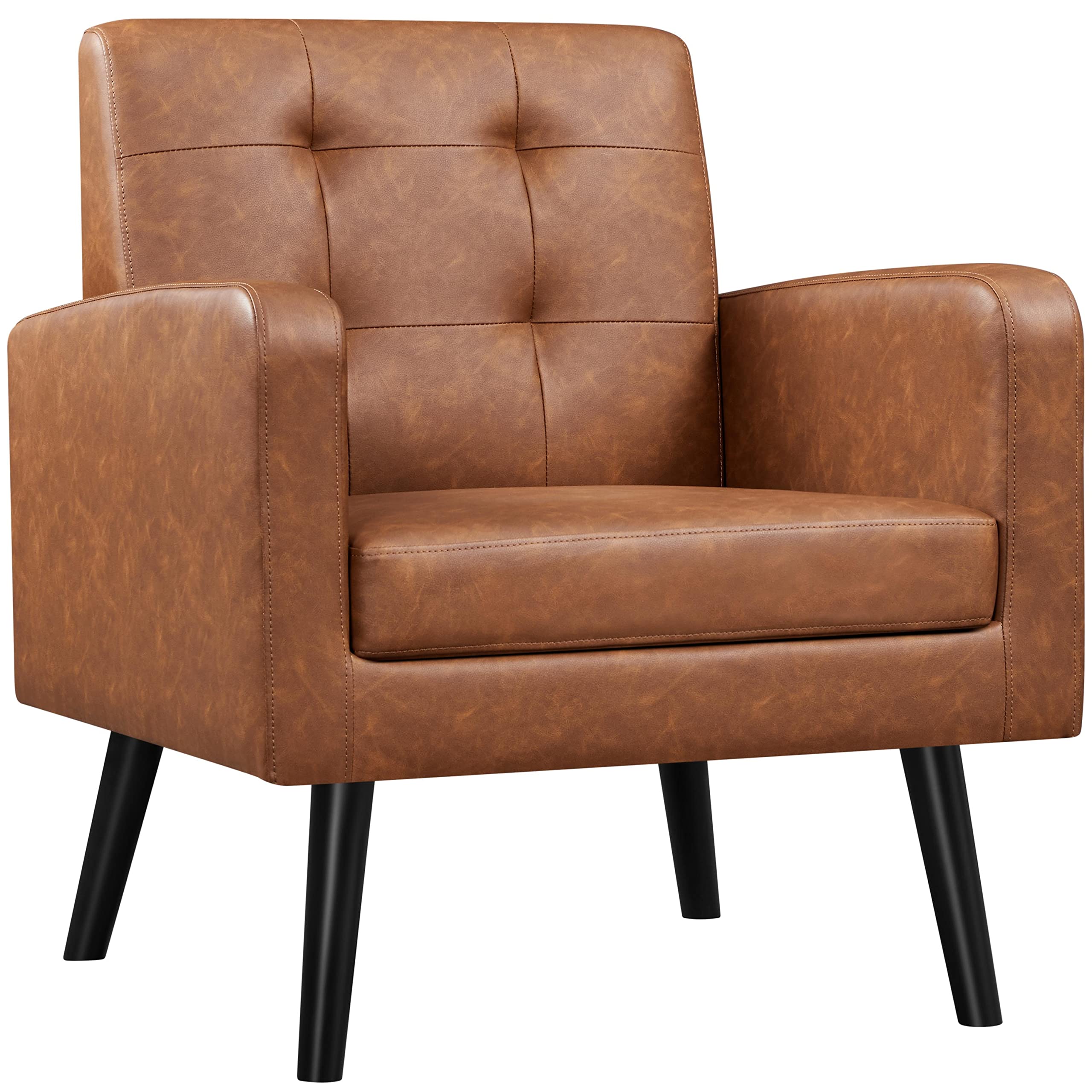 Yaheetech Mid-Century Accent Chairs, Modern Upholstered Living Room Chair, Cozy Armchair Button Tufted Back and Wood Legs for Bedroom/Office/Cafe, Navy Blue