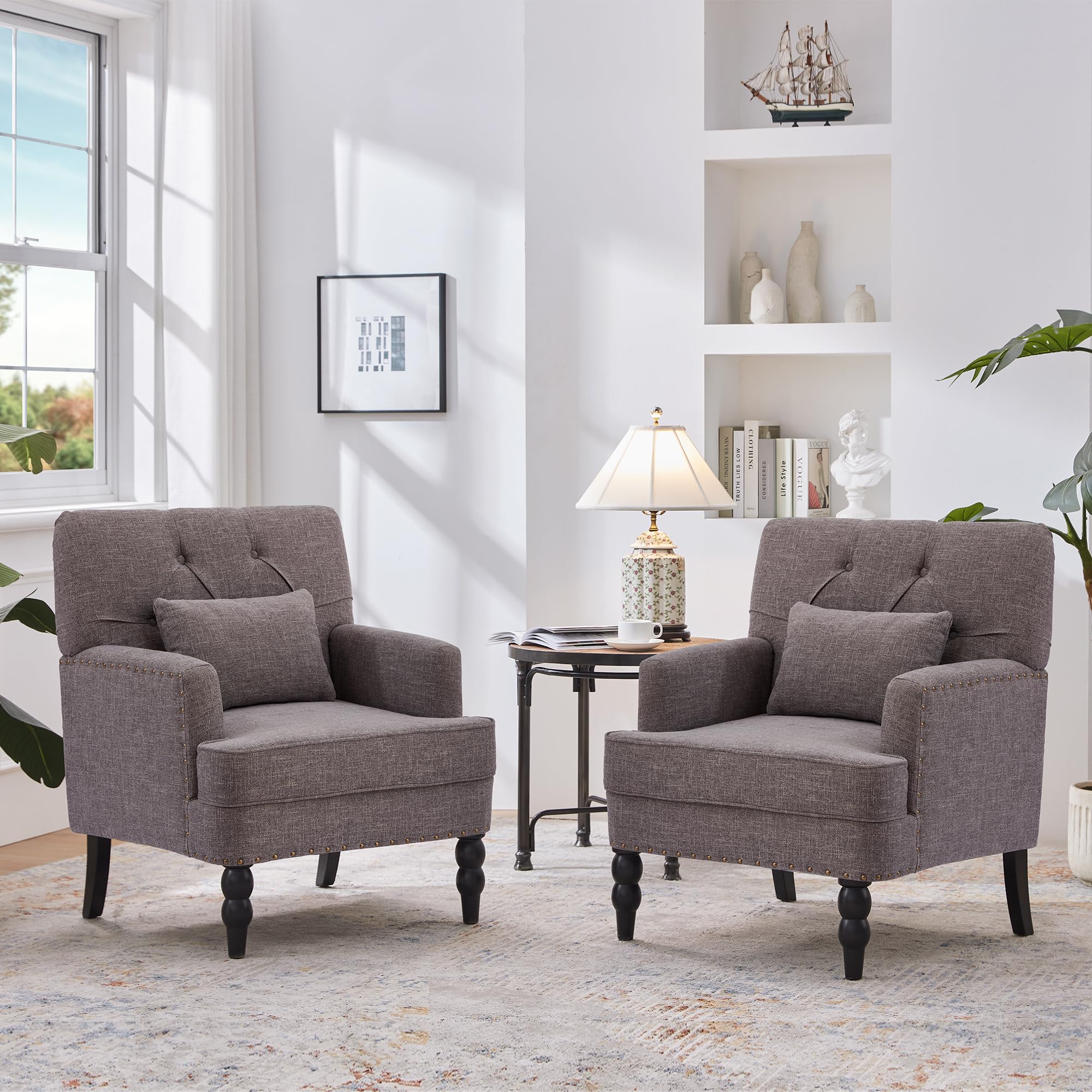 Mid-Century Linen Studded Armchair with Pillow, Beige