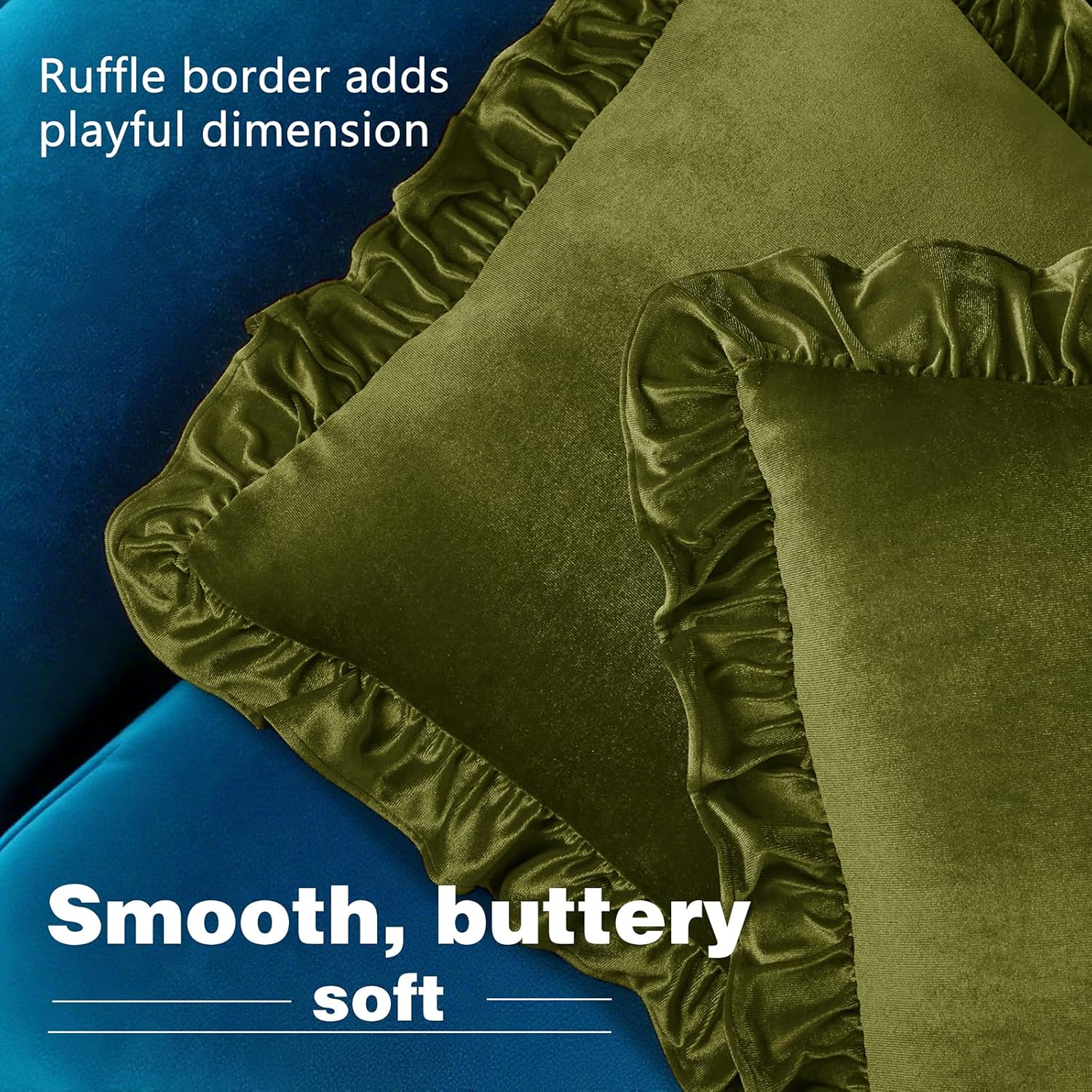 Velvet Throw Pillow Covers Set of 2, Soft Decorative Ruffle Cushion Cases for Couch Sofa Bedroom, 18 x 18 Inches, Olive Green