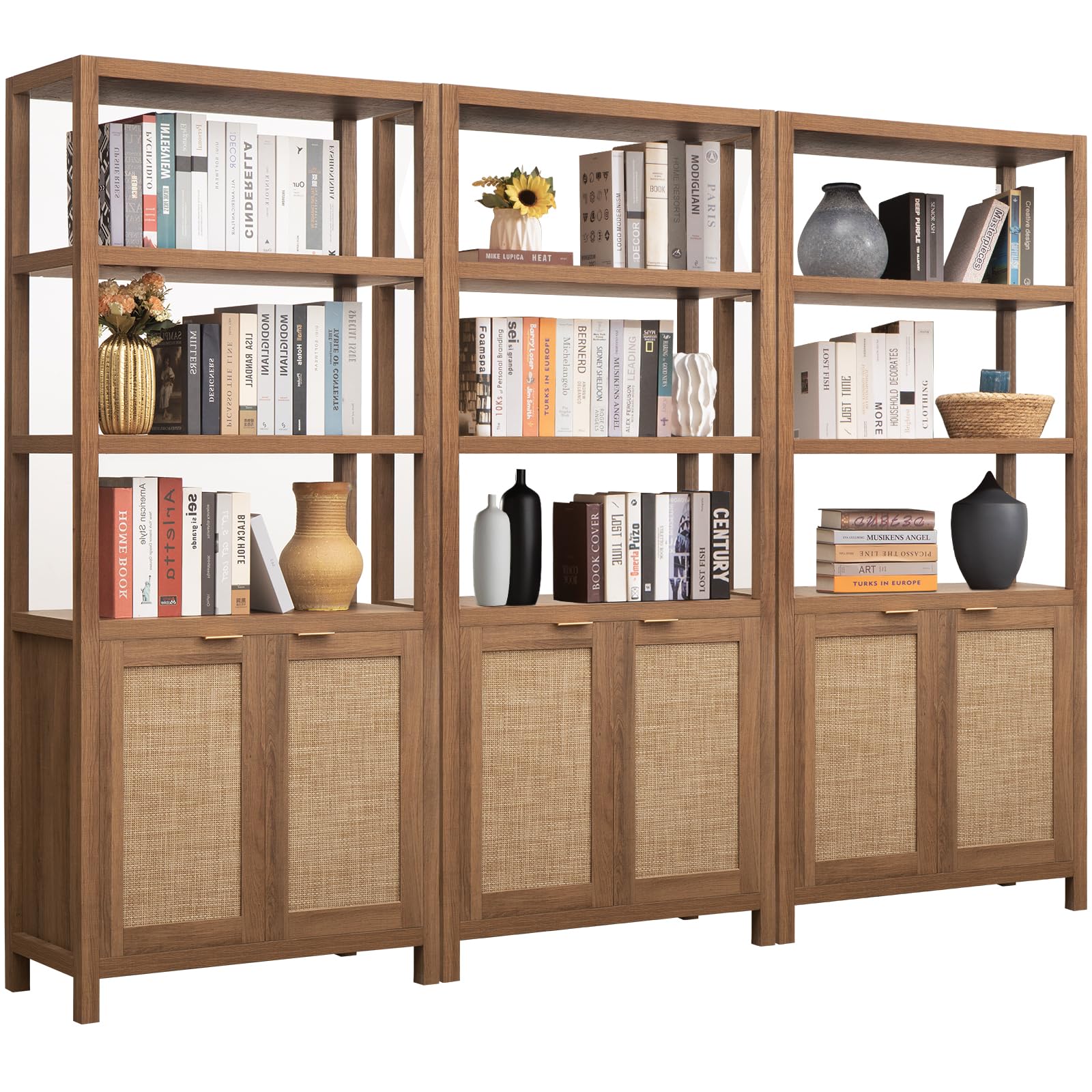 SICOTAS Bookshelf 5 Tier Book Shelf Rattan Boho 71" Tall Bookcase with Doors Storage Shelves Large Bookshelves Farmhouse Bookcases Library Book Case for Living Room Bedroom Home Office Kitchen | Book Shelf