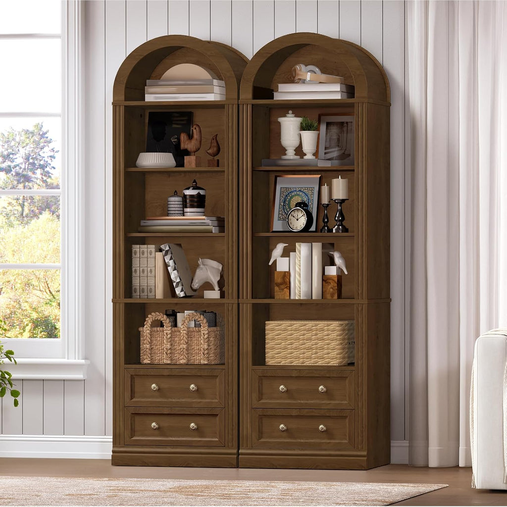 RALGEND Tall Narrow Bookshelf, Arched Bookshelf with 2 Drawers, 7-Tier Farmhouse Arch Bookcase, Wooden Book Shelf with Open Display Shelves for Office, Living Room, Kitchen, Walnut