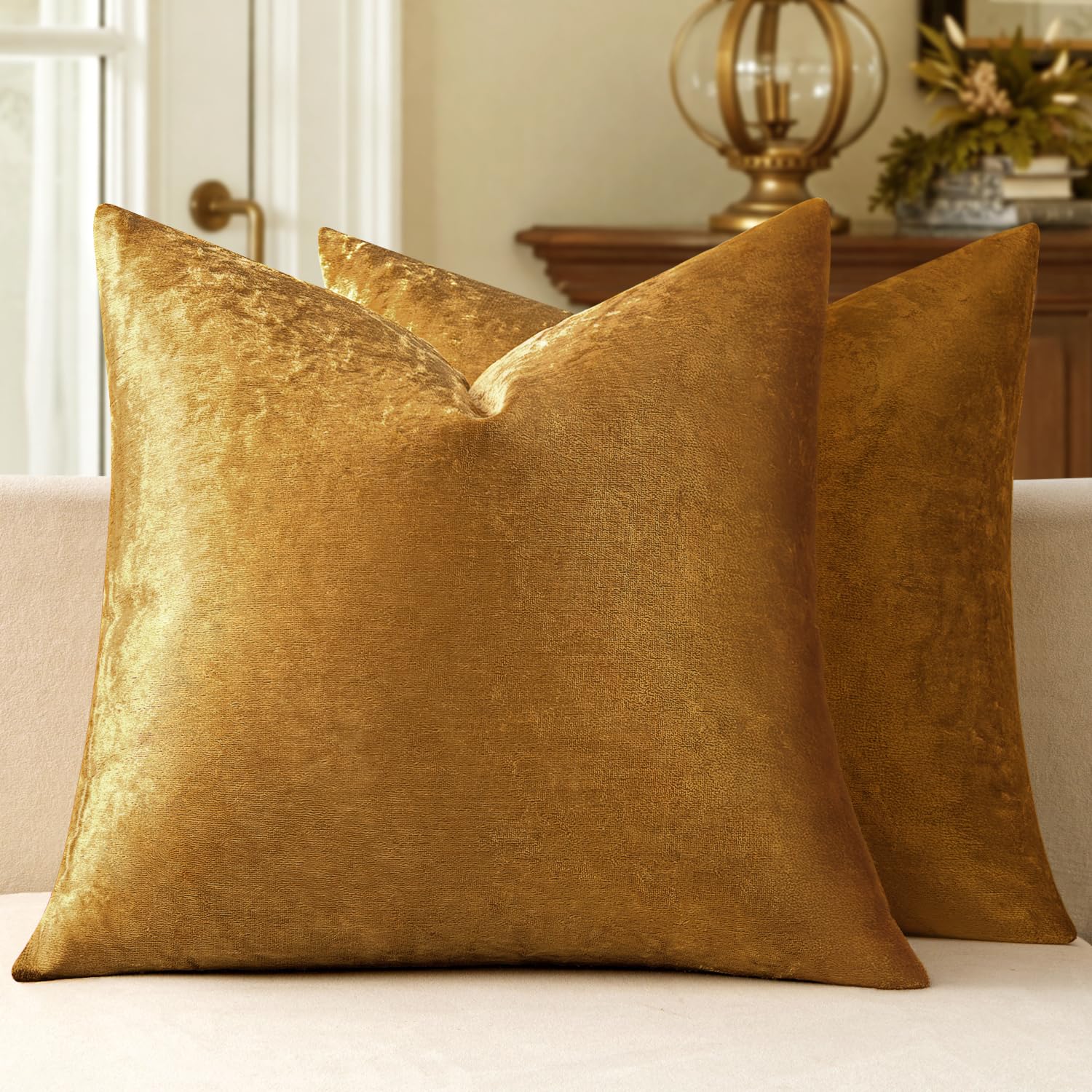 MIULEE Velvet Throw Pillow Covers 18x18 Inch, Pack of 2 - Golden, Super Soft Decorative Square Cushion Cases Modern Luxury Home Decor for Sofa, Couch, Bed, Chair