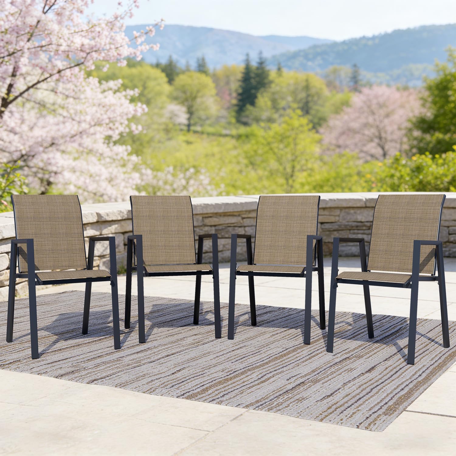 Outdoor Dining Chairs Set of 4, High-Back Stackable Patio Chairs with Metal Frame, Lightweight Sling Design, Ideal for Garden, Deck, Poolside, Grey