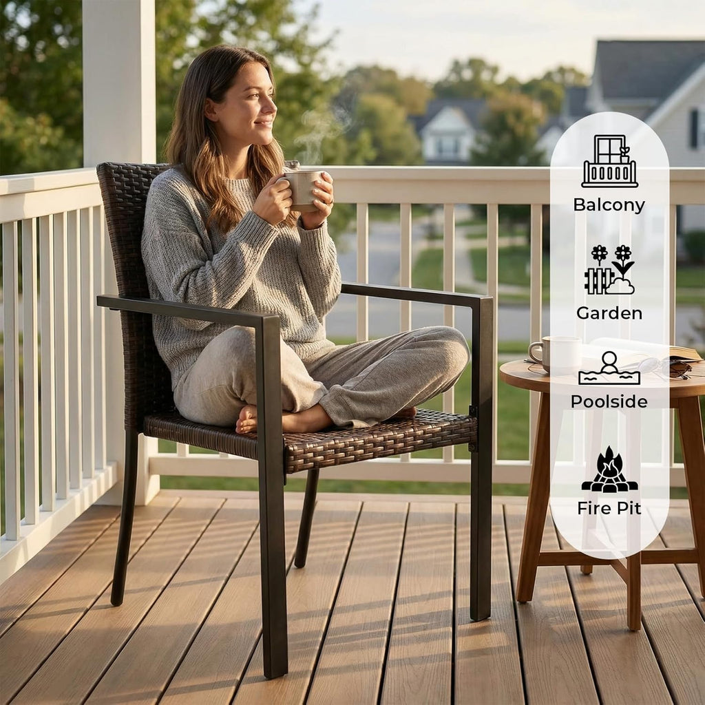 SWITTE Stackable Patio Chairs Set of 2, Outdoor Wicker Dining Chairs with Armrests & Steel Frame, All-Weather Space-Saving for Balcony, Garden, Poolside or Fire Pit Area - Brown