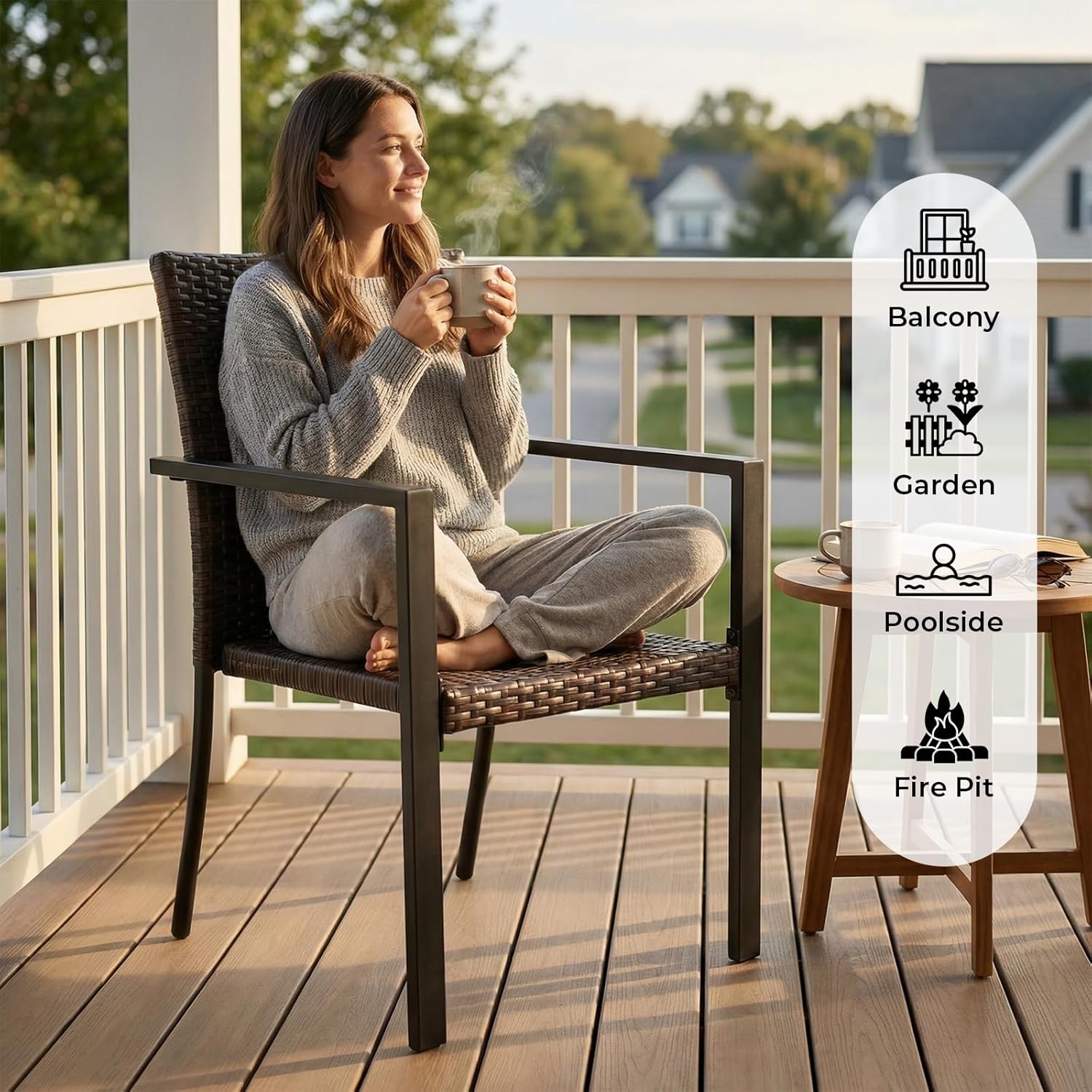 SWITTE Stackable Patio Chairs Set of 2, Outdoor Wicker Dining Chairs with Armrests & Steel Frame, All-Weather Space-Saving for Balcony, Garden, Poolside or Fire Pit Area - Brown