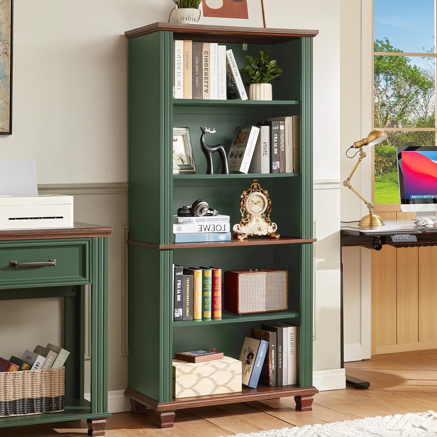 SAVOR LIFE 70" Tall Green Bookshelf,5 Tier Wooden Book Shelf with Adjustable Shelves & Wood Legs,Free Standing Farmhouse Bookcase with Open Display Storage,Vintage Bookshelves for Library,Classroom