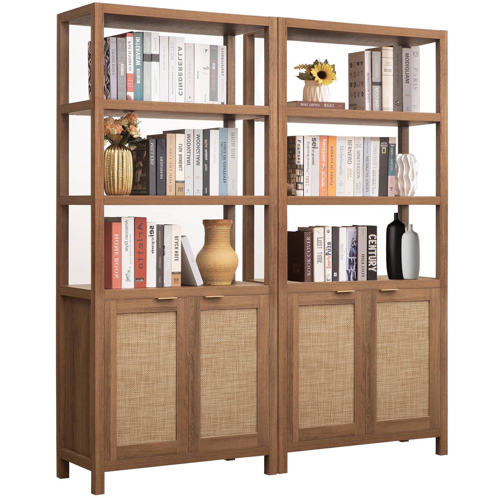 SICOTAS Bookshelf 5 Tier Book Shelf Rattan Boho 71" Tall Bookcase with Doors Storage Shelves Large Bookshelves Farmhouse Bookcases Library Book Case for Living Room Bedroom Home Office Kitchen | Book Shelf