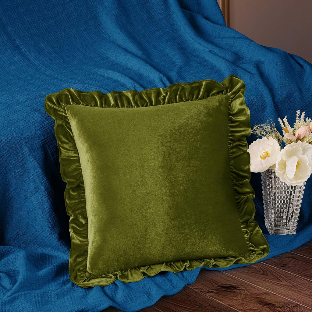 Velvet Throw Pillow Covers Set of 2, Soft Decorative Ruffle Cushion Cases for Couch Sofa Bedroom, 18 x 18 Inches, Olive Green