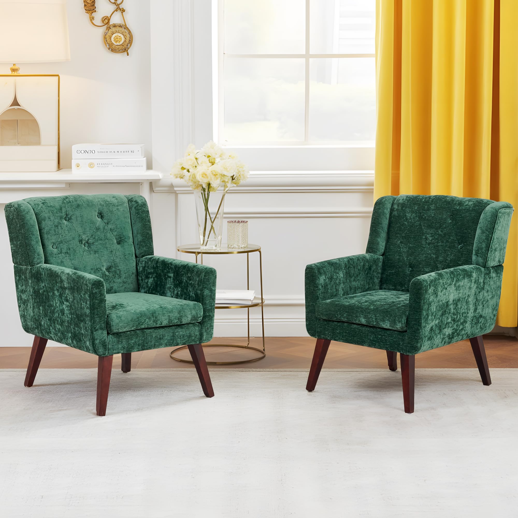 Living&Giving Accent Chair Button-Tufted Upholstered Living Room Chairs Comfy Reading Mid Century Modern with Linen Fabric Lounge Arm for Bedroom (Beige) 29.33D x 28.94W x 34.65H Inch
