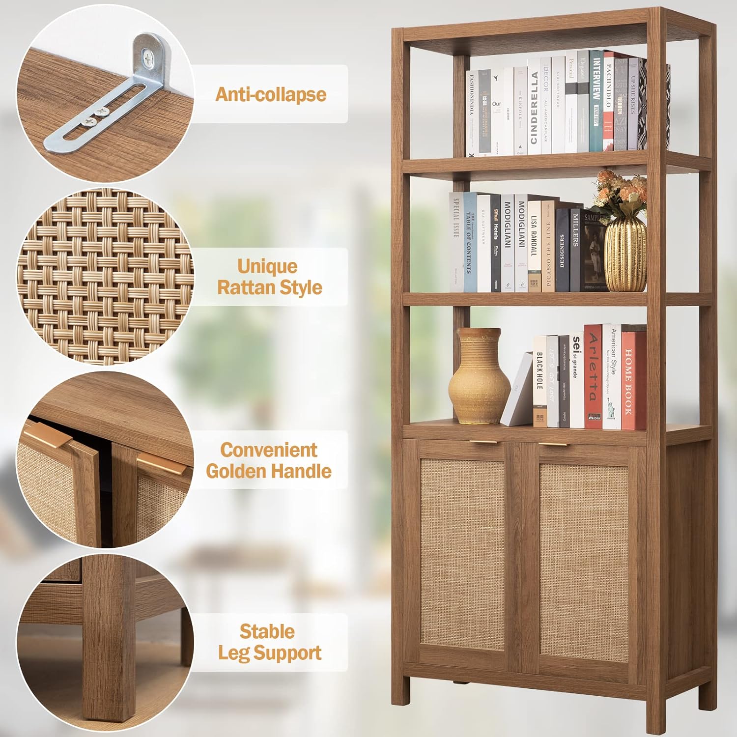 SICOTAS Bookshelf 5 Tier Book Shelf Rattan Boho 71" Tall Bookcase with Doors Storage Shelves Large Bookshelves Farmhouse Bookcases Library Book Case for Living Room Bedroom Home Office Kitchen | Book Shelf