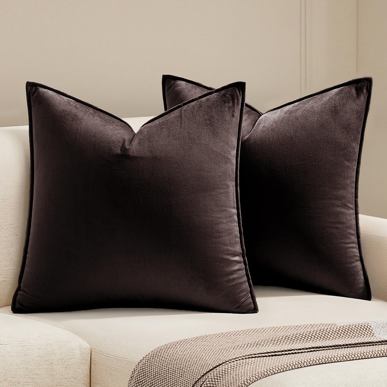 MIULEE Dark Coffee Velvet Throw Pillow Covers 24x24 Taupe Neutral Soft Decorative Solid Square Euro Sham Cushion Cases Pack of 2 Modern Luxury Home Decor for Couch, Sofa, Bedroom