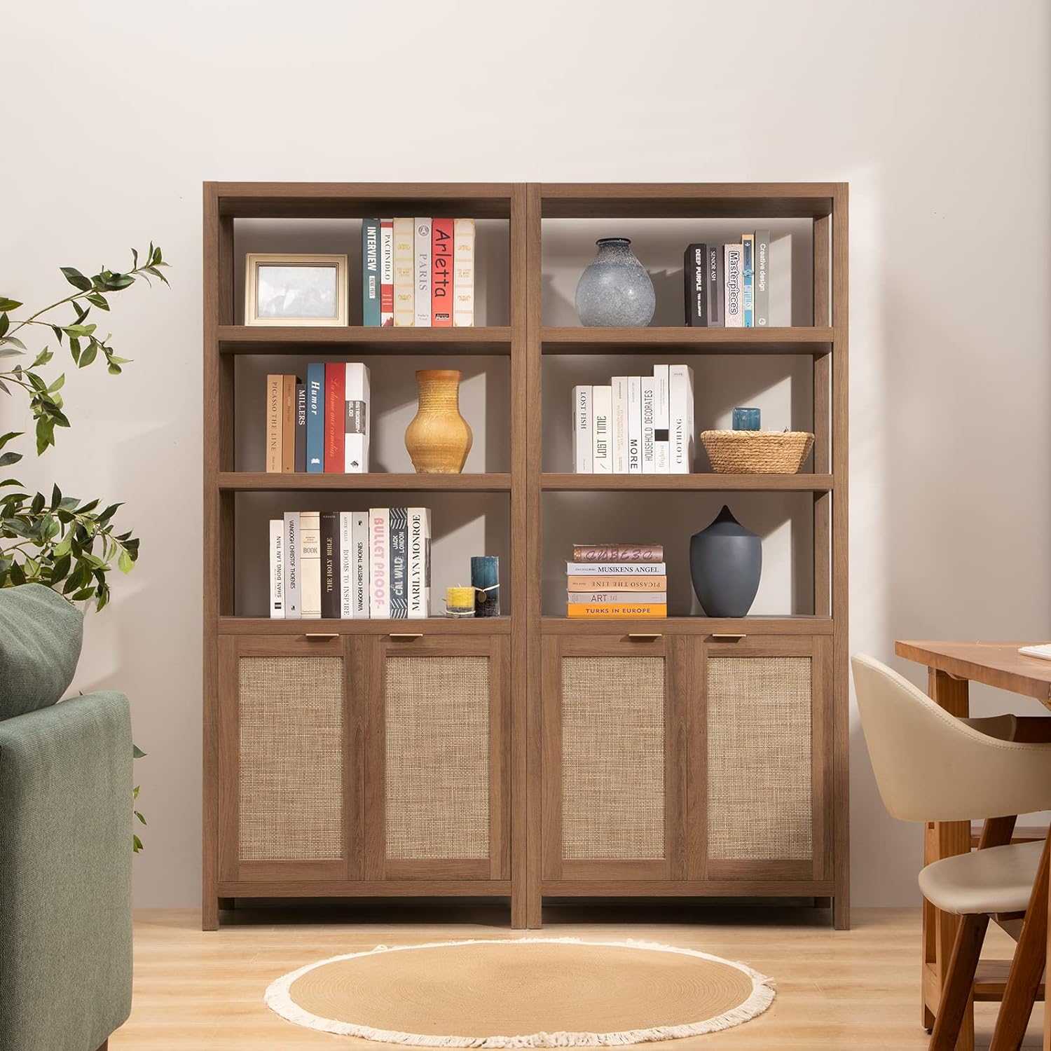 SICOTAS Bookshelf 5 Tier Book Shelf Rattan Boho 71" Tall Bookcase with Doors Storage Shelves Large Bookshelves Farmhouse Bookcases Library Book Case for Living Room Bedroom Home Office Kitchen | Book Shelf