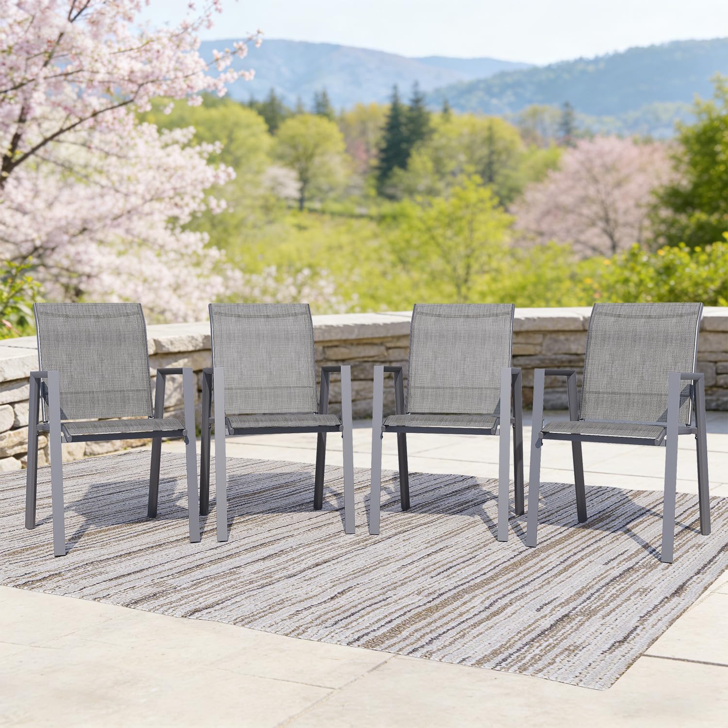 Outdoor Dining Chairs Set of 4, High-Back Stackable Patio Chairs with Metal Frame, Lightweight Sling Design, Ideal for Garden, Deck, Poolside, Grey