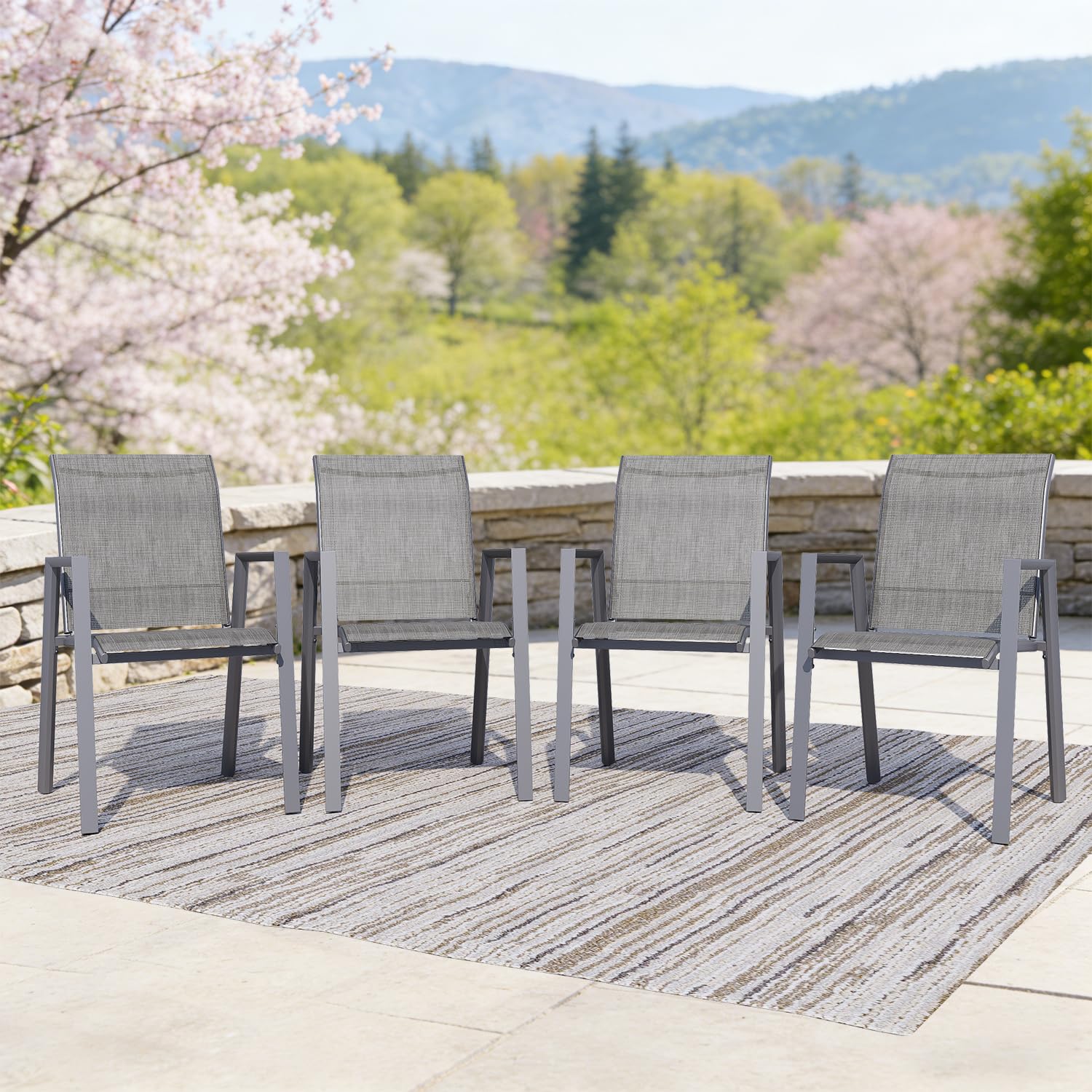 Outdoor Dining Chairs Set of 4, High-Back Stackable Patio Chairs with Metal Frame, Lightweight Sling Design, Ideal for Garden, Deck, Poolside, Grey
