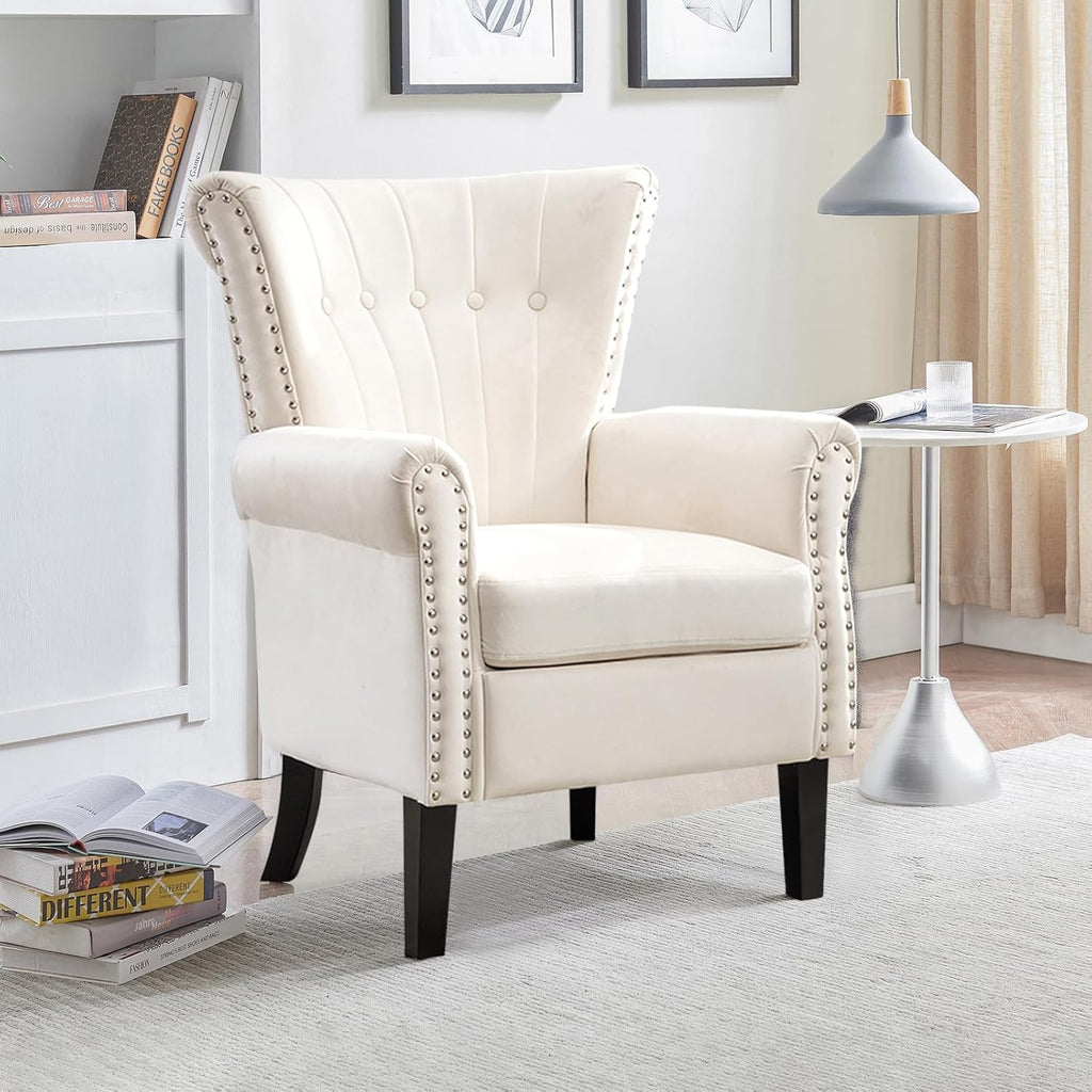Velvet Accent Chair Upholstered Tufted Armchair,Modern Wingback Chair Single Sofa Club Chair with Solid Wood Legs,Nail Trimed,Comfy Reading Chair for Living Room,Bedroom,Office (White)