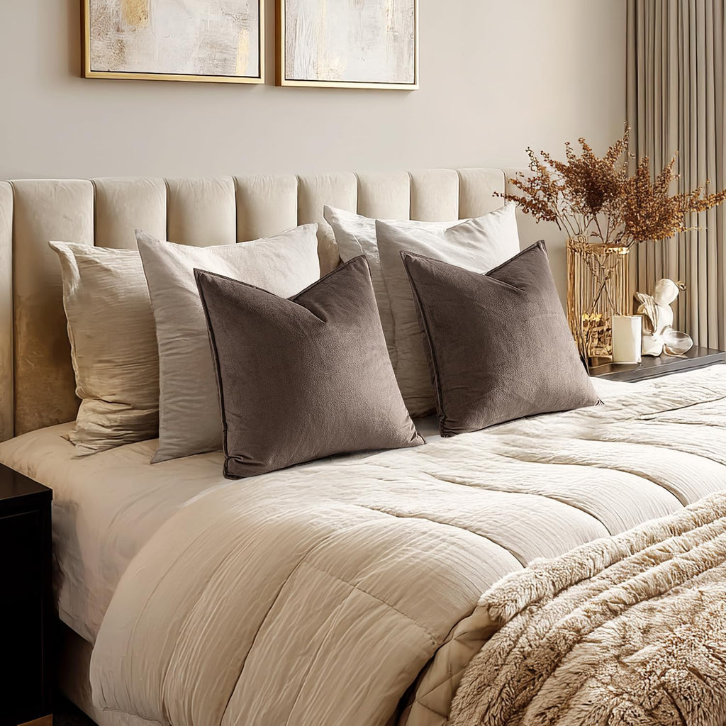 MIULEE Dark Coffee Velvet Throw Pillow Covers 24x24 Taupe Neutral Soft Decorative Solid Square Euro Sham Cushion Cases Pack of 2 Modern Luxury Home Decor for Couch, Sofa, Bedroom