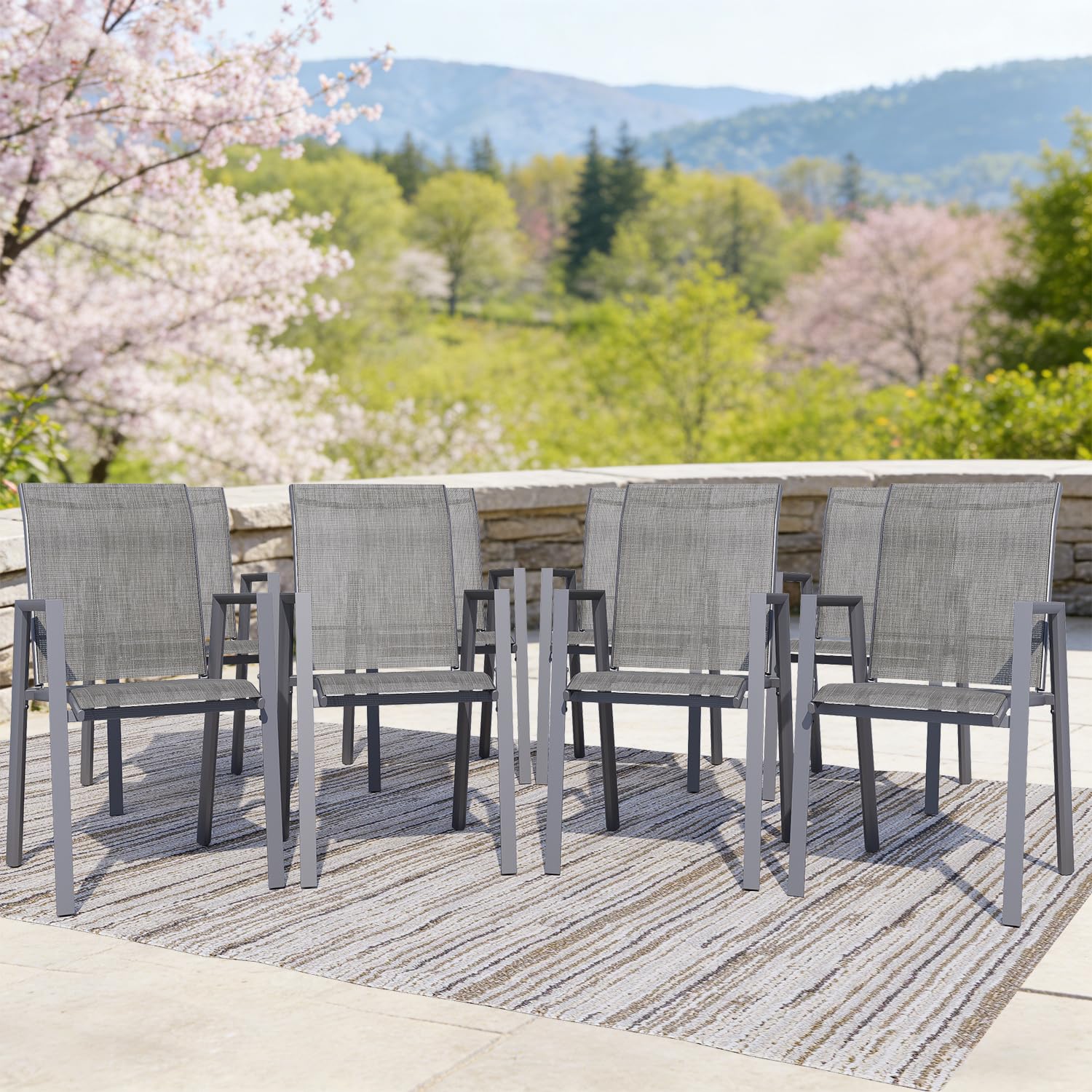 Outdoor Dining Chairs Set of 4, High-Back Stackable Patio Chairs with Metal Frame, Lightweight Sling Design, Ideal for Garden, Deck, Poolside, Grey