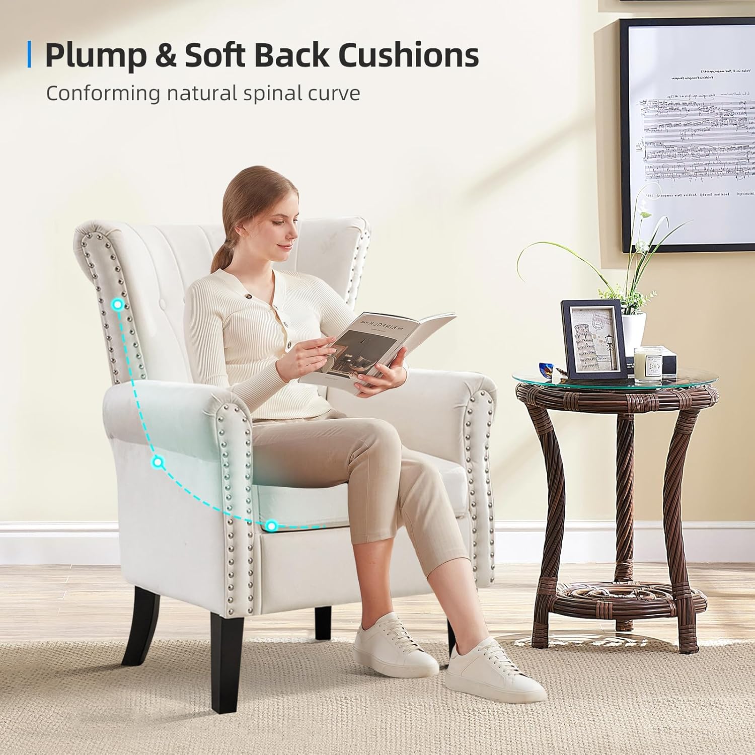 Velvet Accent Chair Upholstered Tufted Armchair,Modern Wingback Chair Single Sofa Club Chair with Solid Wood Legs,Nail Trimed,Comfy Reading Chair for Living Room,Bedroom,Office (White)