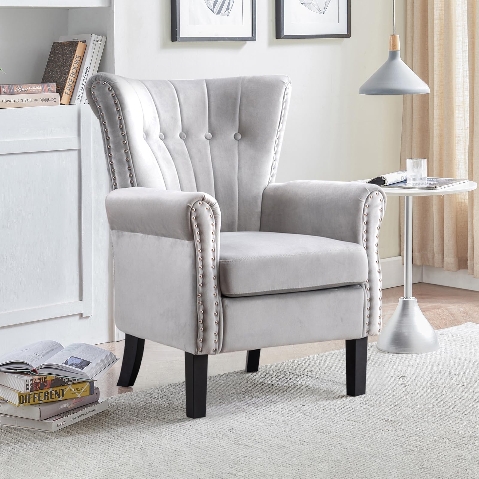 Velvet Accent Chair Upholstered Tufted Armchair,Modern Wingback Chair Single Sofa Club Chair with Solid Wood Legs,Nail Trimed,Comfy Reading Chair for Living Room,Bedroom,Office (White)