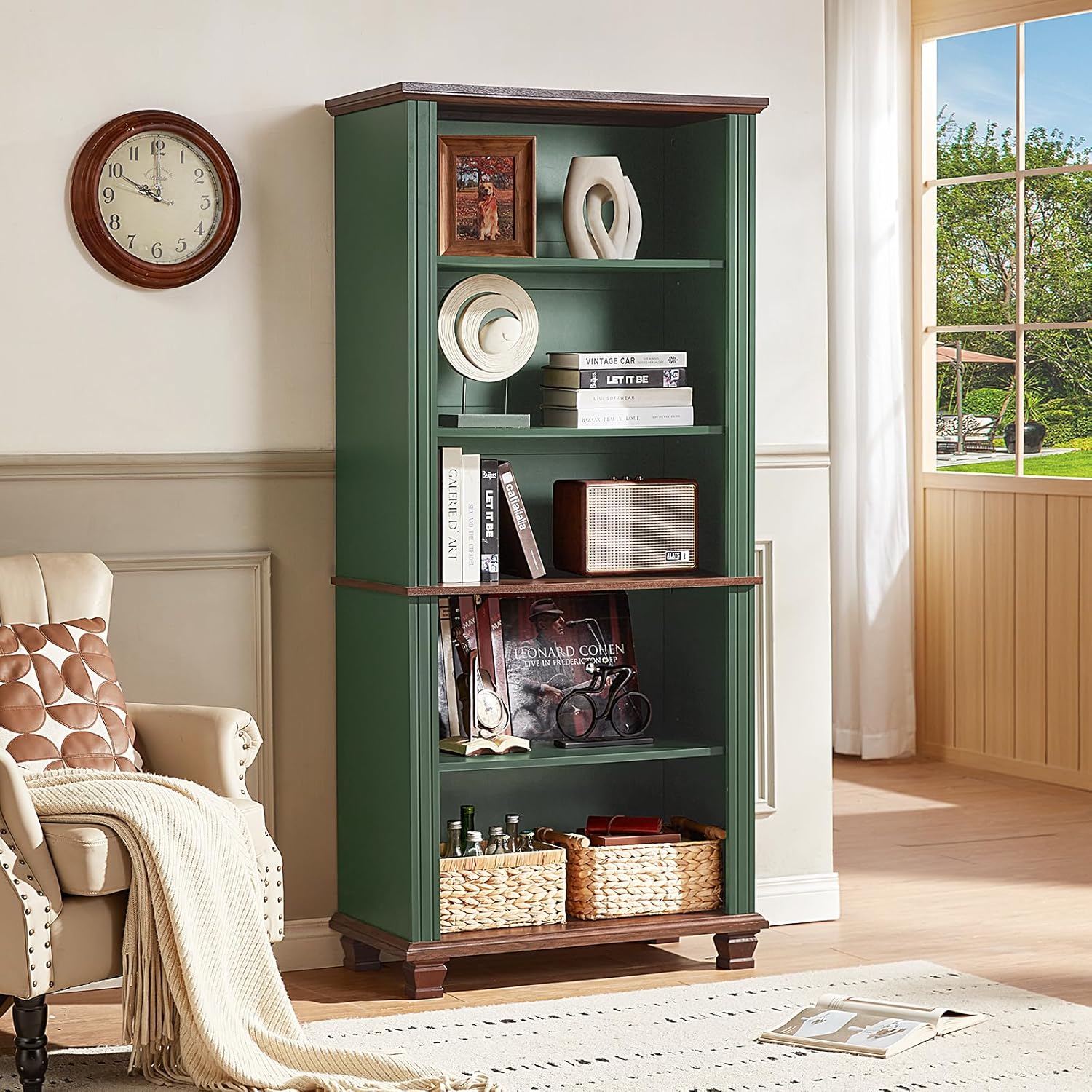 SAVOR LIFE 70" Tall Green Bookshelf,5 Tier Wooden Book Shelf with Adjustable Shelves & Wood Legs,Free Standing Farmhouse Bookcase with Open Display Storage,Vintage Bookshelves for Library,Classroom