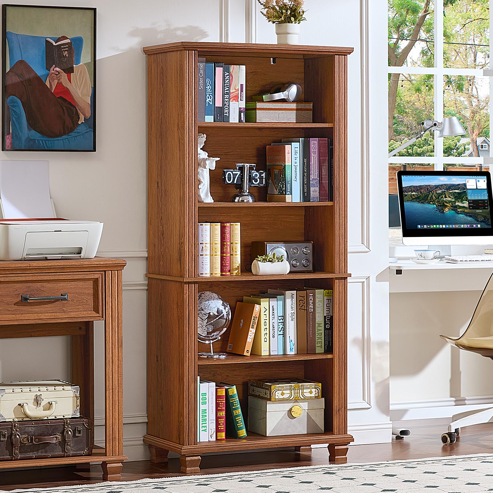 SAVOR LIFE 70" Tall Green Bookshelf,5 Tier Wooden Book Shelf with Adjustable Shelves & Wood Legs,Free Standing Farmhouse Bookcase with Open Display Storage,Vintage Bookshelves for Library,Classroom