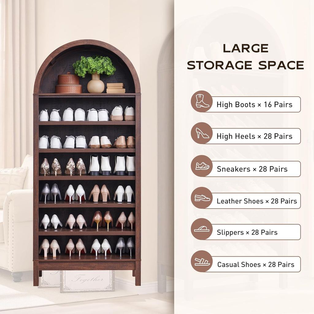 71" 7-Tier Arched Wood Bookshelf Adjustable Shelves, Brown